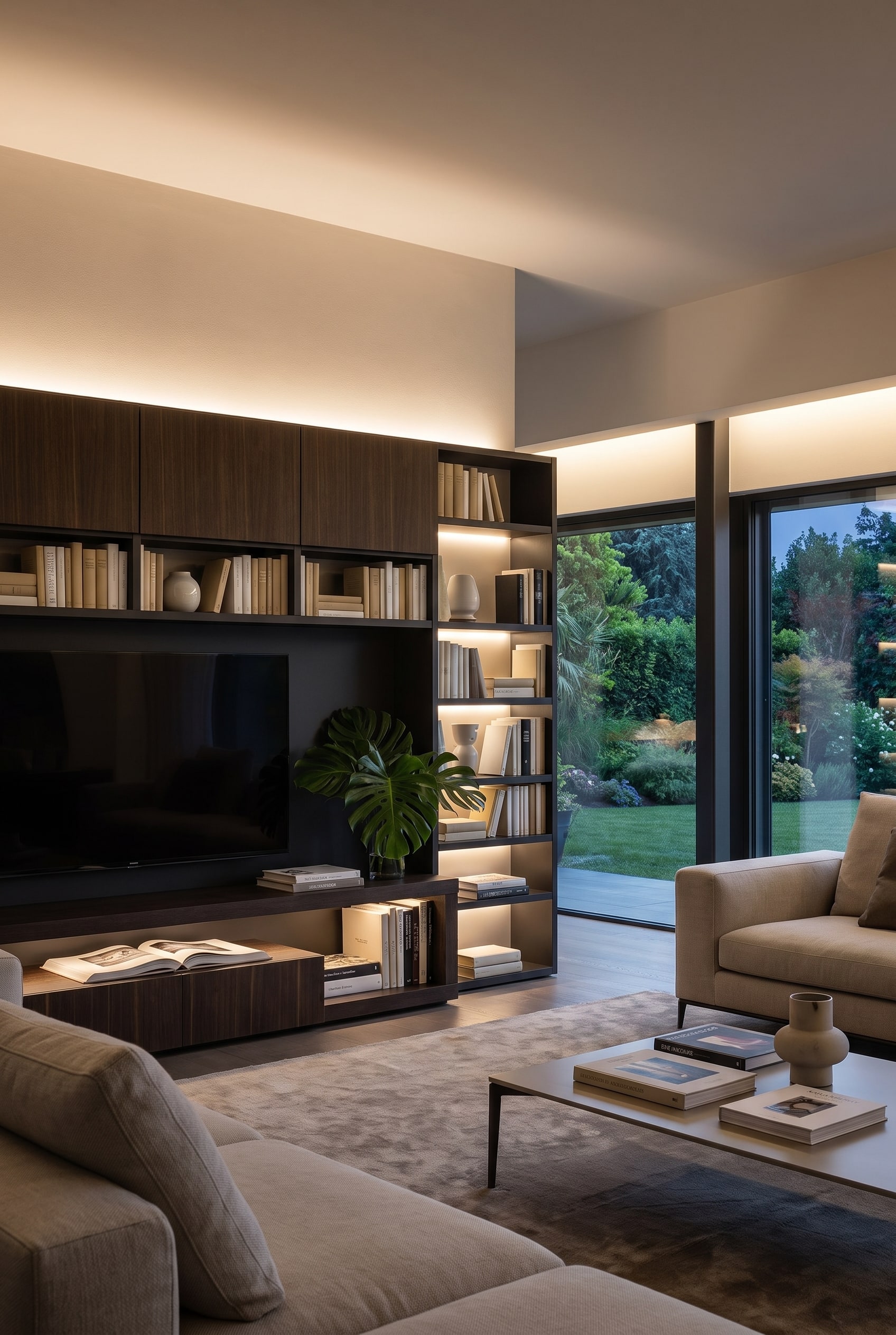 Salon avec &eacute;tag&egrave;re asym&eacute;trique au mur et une grande plante verte