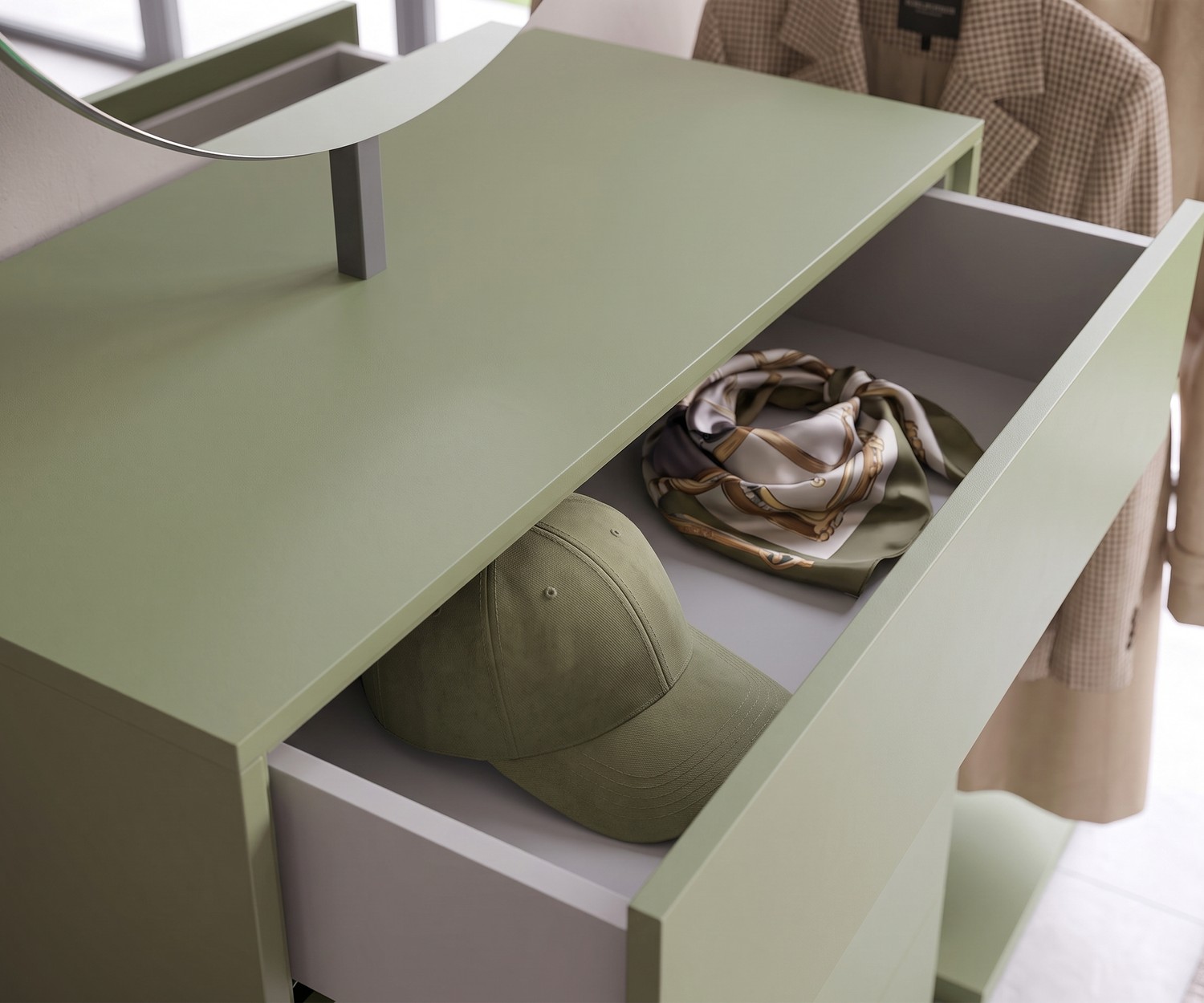 Commode design Novamobili Easy 9 : Tiroir vert ouvert pour ranger des accessoires dans une entrée ou chambre moderne.