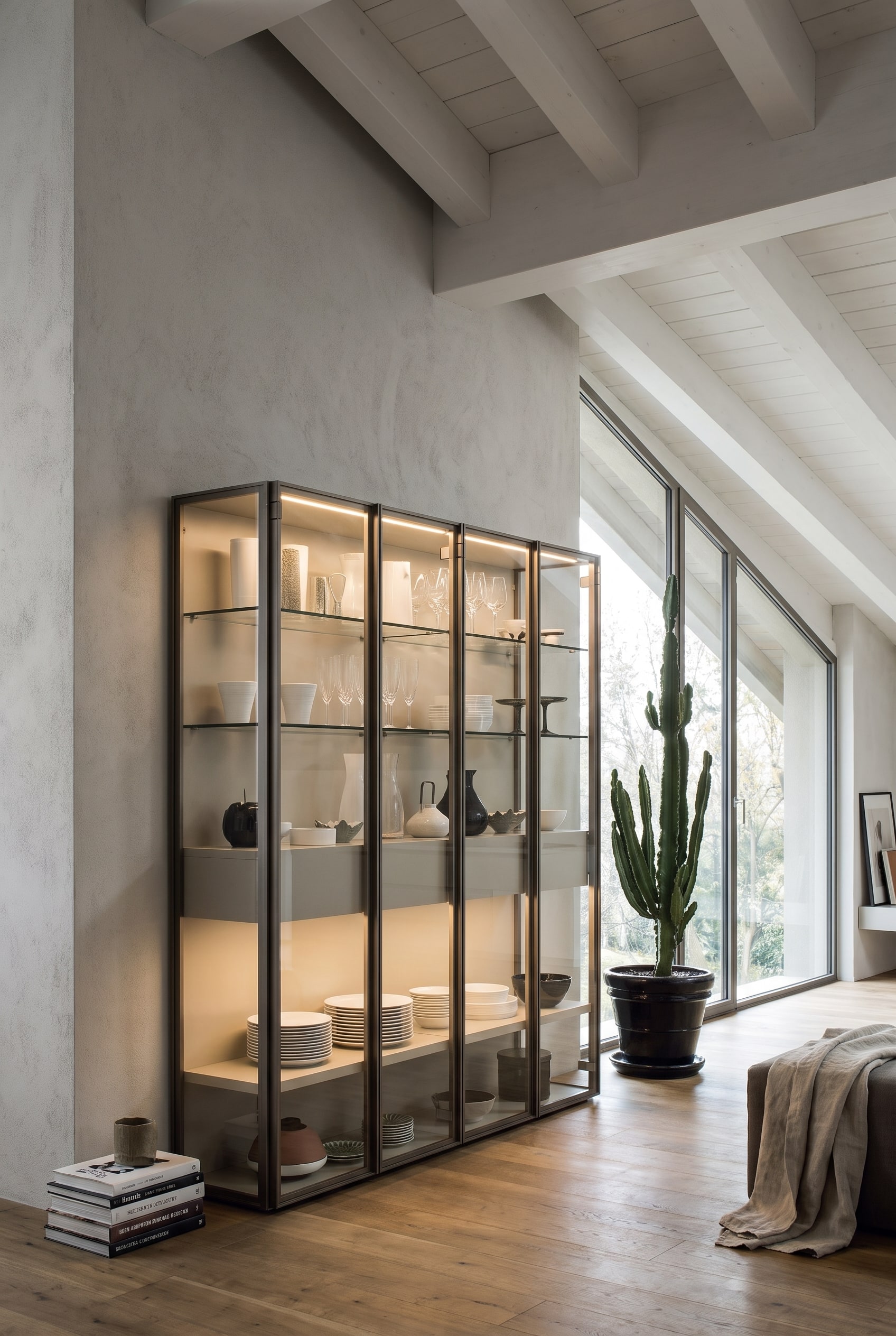 &Eacute;tag&egrave;re vitrine avec portes en verre couleur bronze sous les combles, qui r&eacute;fl&eacute;chit la lumi&egrave;re naturelle
