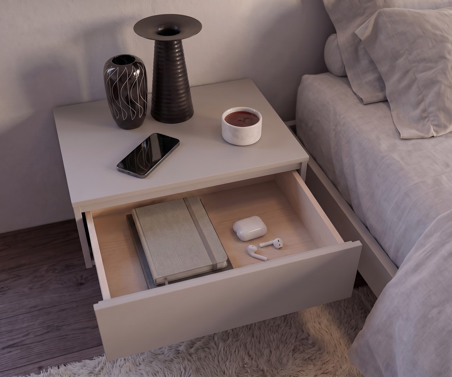 Table de chevet Easy 1 Novamobili avec tiroir ouvert près du lit, table de nuit moderne sans poignée en gris clair