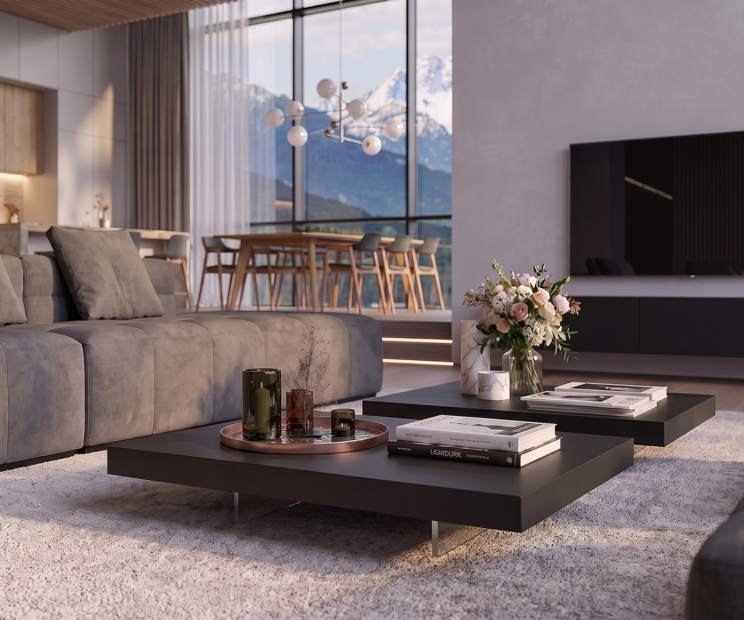 Table basse design extra-plate Livitalia Low Table basse design Livitalia Low dans un salon moderne: Table basse noire extra-plate avec pieds transparents.