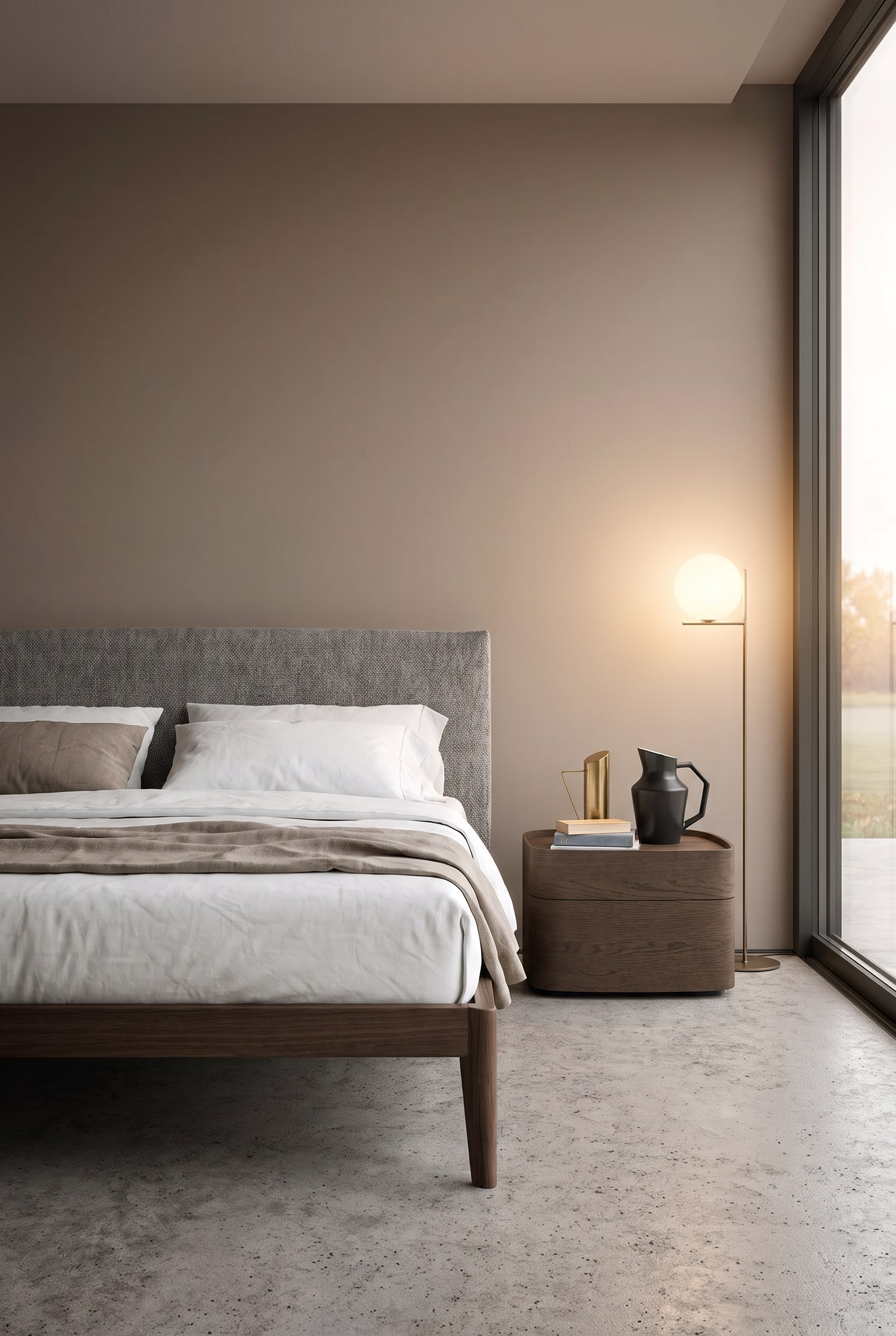 Chambre minimaliste avec un mur couleur taupe, devant lequel se trouvent une table de chevet en bois fonc&eacute; et un lit suspendu marron fonc&eacute;