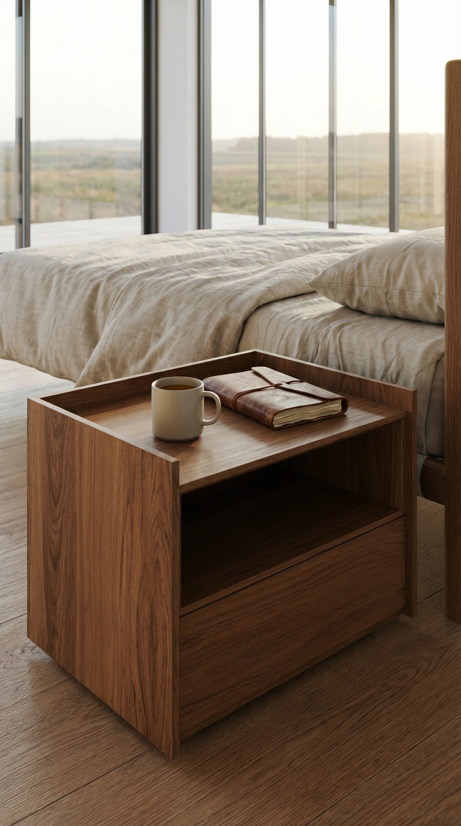 Une table de chevet Novamobili en bois chaleureuse dans une chambre moderne sans technologie