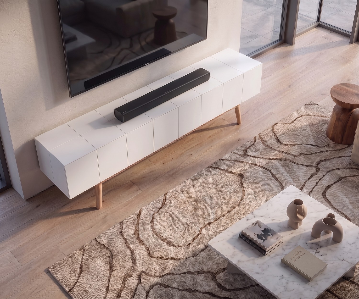 TV-lowboard al2 MOS-I-KO 005 B voor de woonkamer in mat wit met houten poten in moderne retrostijl.