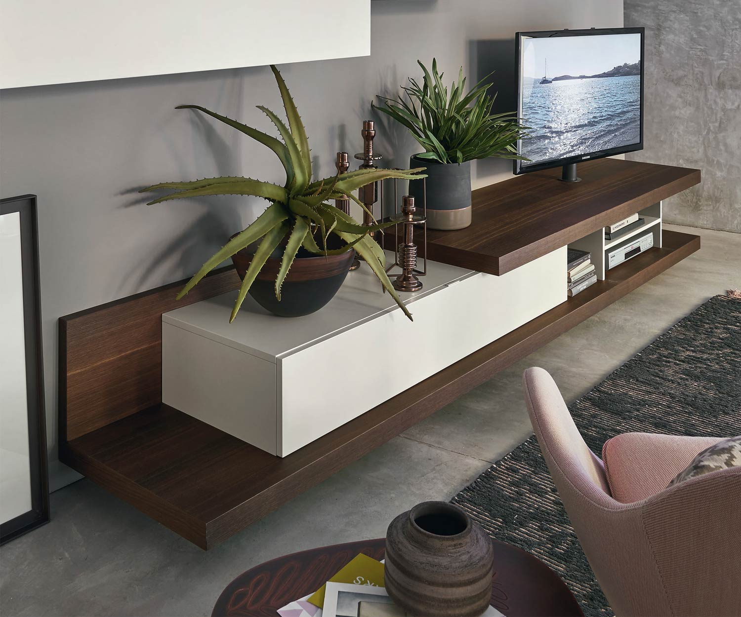 Livitalia Meuble-paroi design C52 avec tiroir et armoires suspendues plus décoration florale Livitalia Meuble-paroi design C52 avec tiroir et armoires suspendues plus décoration florale