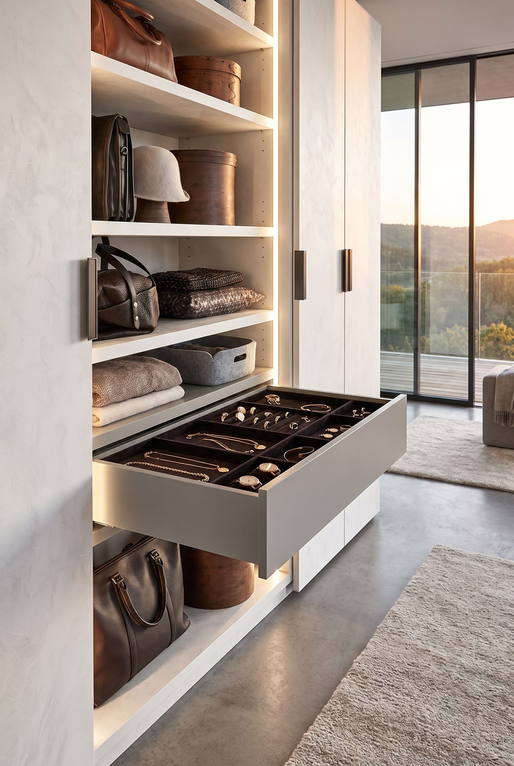 Tiroir à accessoires plat ouvert dans une armoire avec des compartiments en velours exactement divisés pour bagues et bracelets.