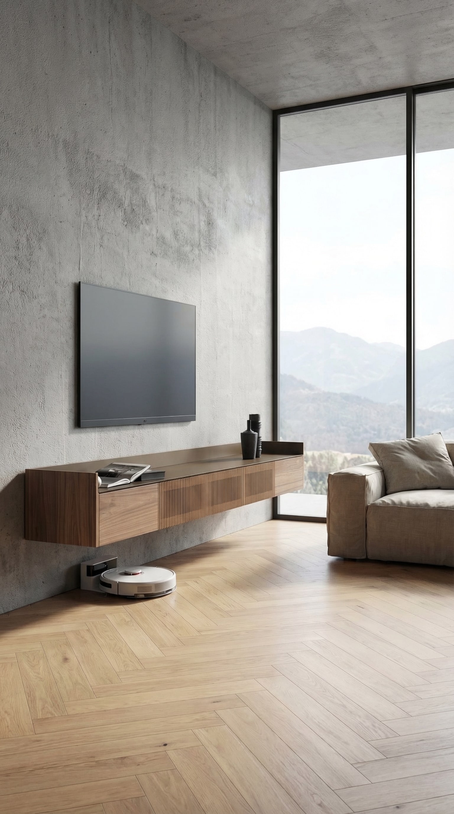 Een zwevend wanddressoir in een moderne woonkamer met veel bodemvrijheid Een zwevend wanddressoir in een moderne woonkamer met veel bodemvrijheid