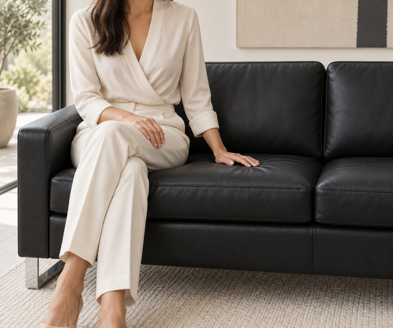 Livitalia Canapé Vinaro, 206 × 91 cm, Seminole 04 Noir, cuir véritable, piètement chromé – Détail du cuir véritable avec une main Livitalia Canapé Vinaro, 206 × 91 cm, Seminole 04 Noir, cuir véritable, piètement chromé – Détail du cuir véritable avec une main