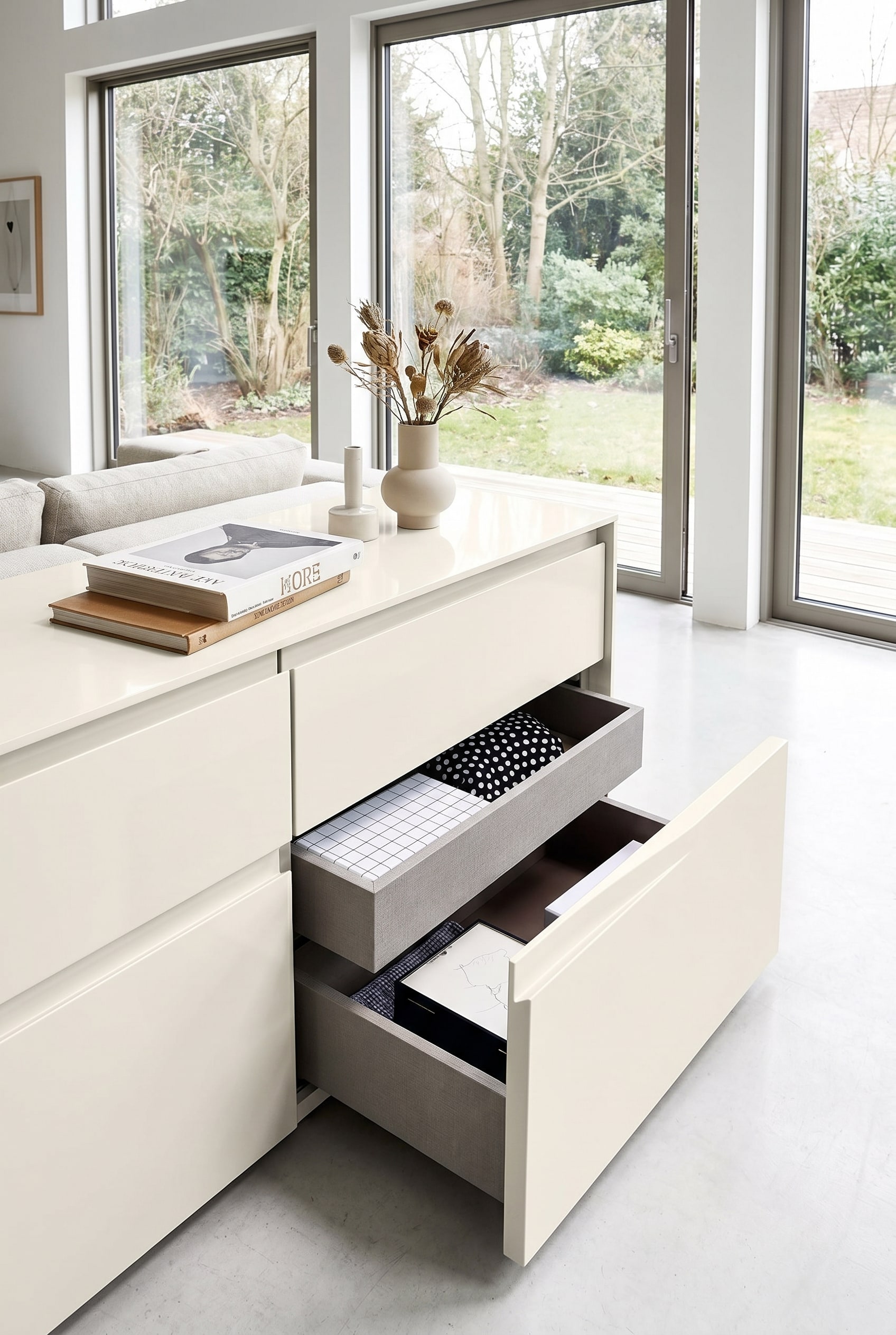Salon moderne avec commode extra-large en laque brillante