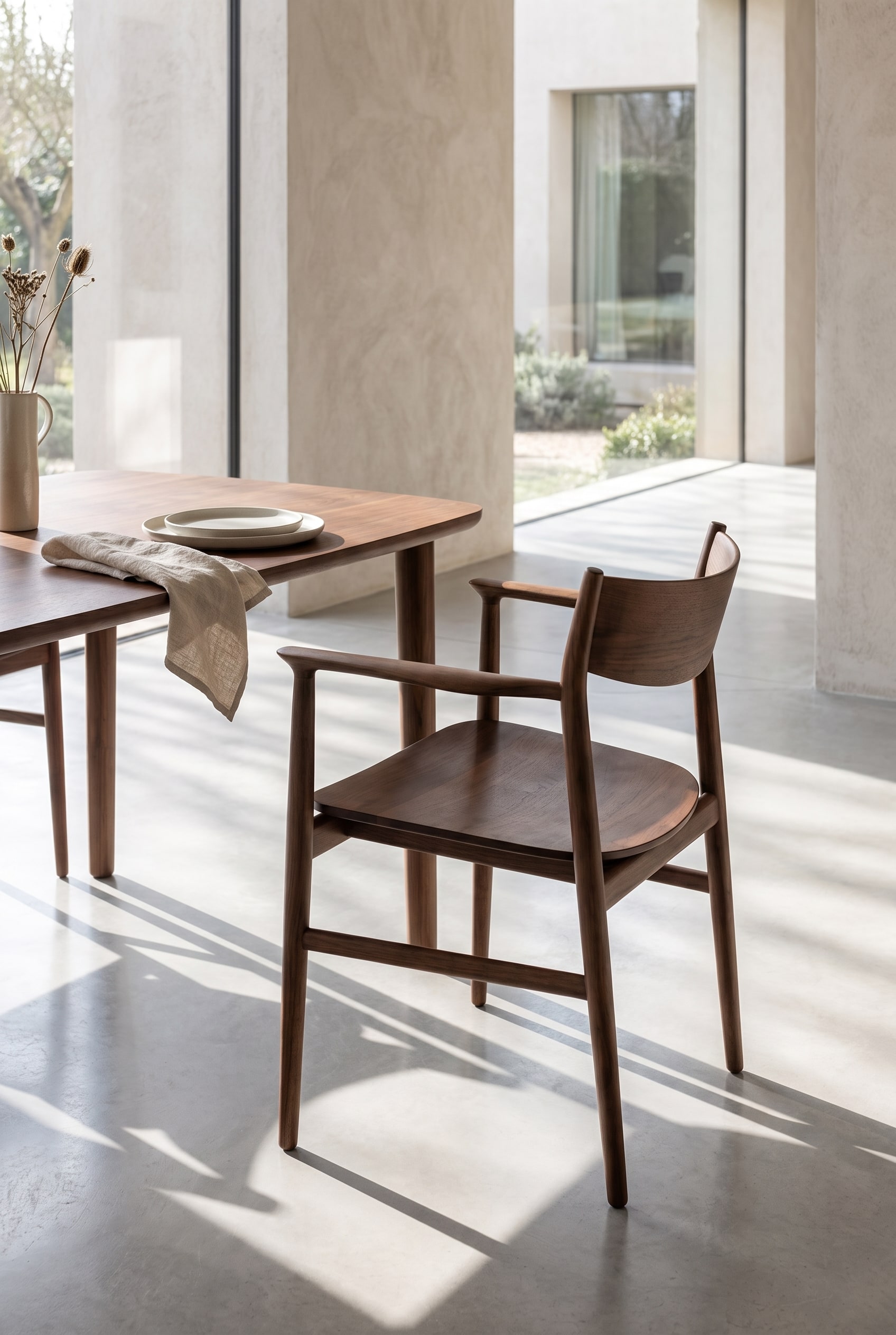 Detailansicht im Esszimmer mit elegantem Walnussholz-Stuhl mit flie&szlig;enden Armlehnen an einem dunklen Holztisch.