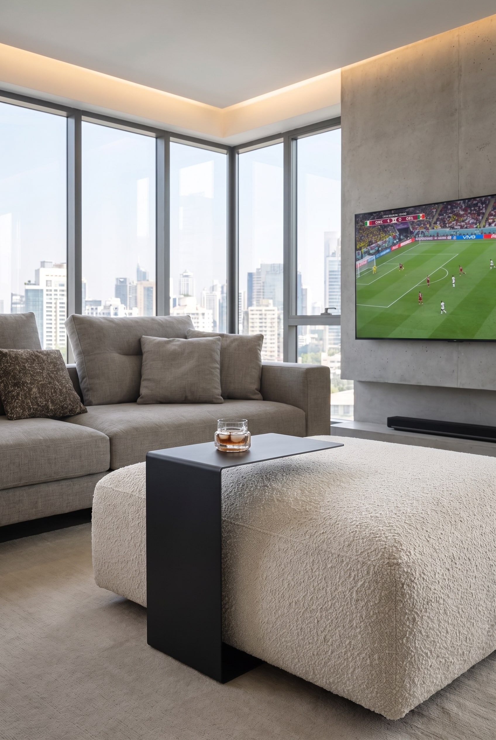 Table d'appoint Marelli Mini Sofa &agrave; c&ocirc;t&eacute; d'un canap&eacute; en cuir dans un salon moderne