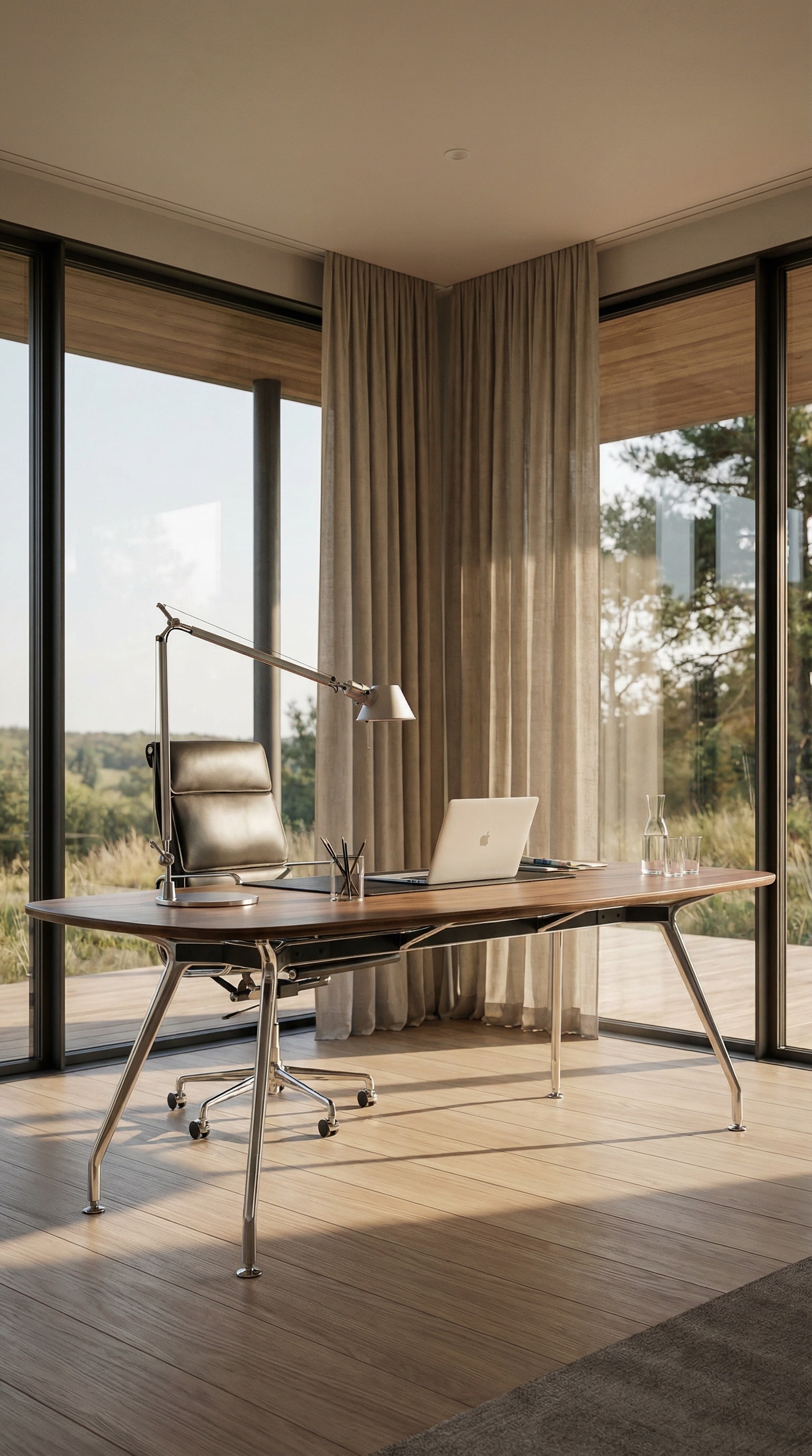 Een sculpturaal ICF Unitable Manager Bureau in een edele houten uitvoering, vrijstaand in een lichte woonkamer met kamerhoge ramen Een sculpturaal ICF Unitable Manager Bureau in een edele houten uitvoering, vrijstaand in een lichte woonkamer met kamerhoge ramen