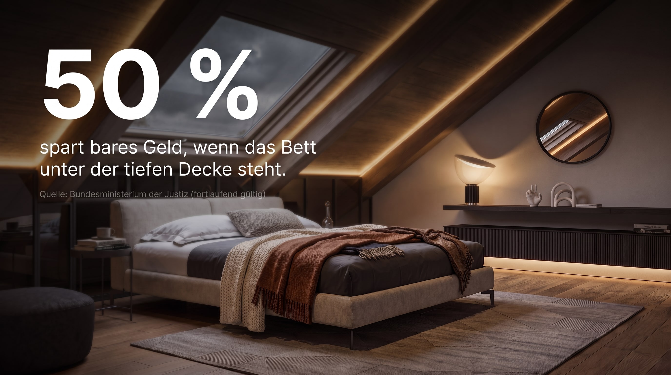 50 % – économise de l'argent si le lit est placé sous le plafond bas.