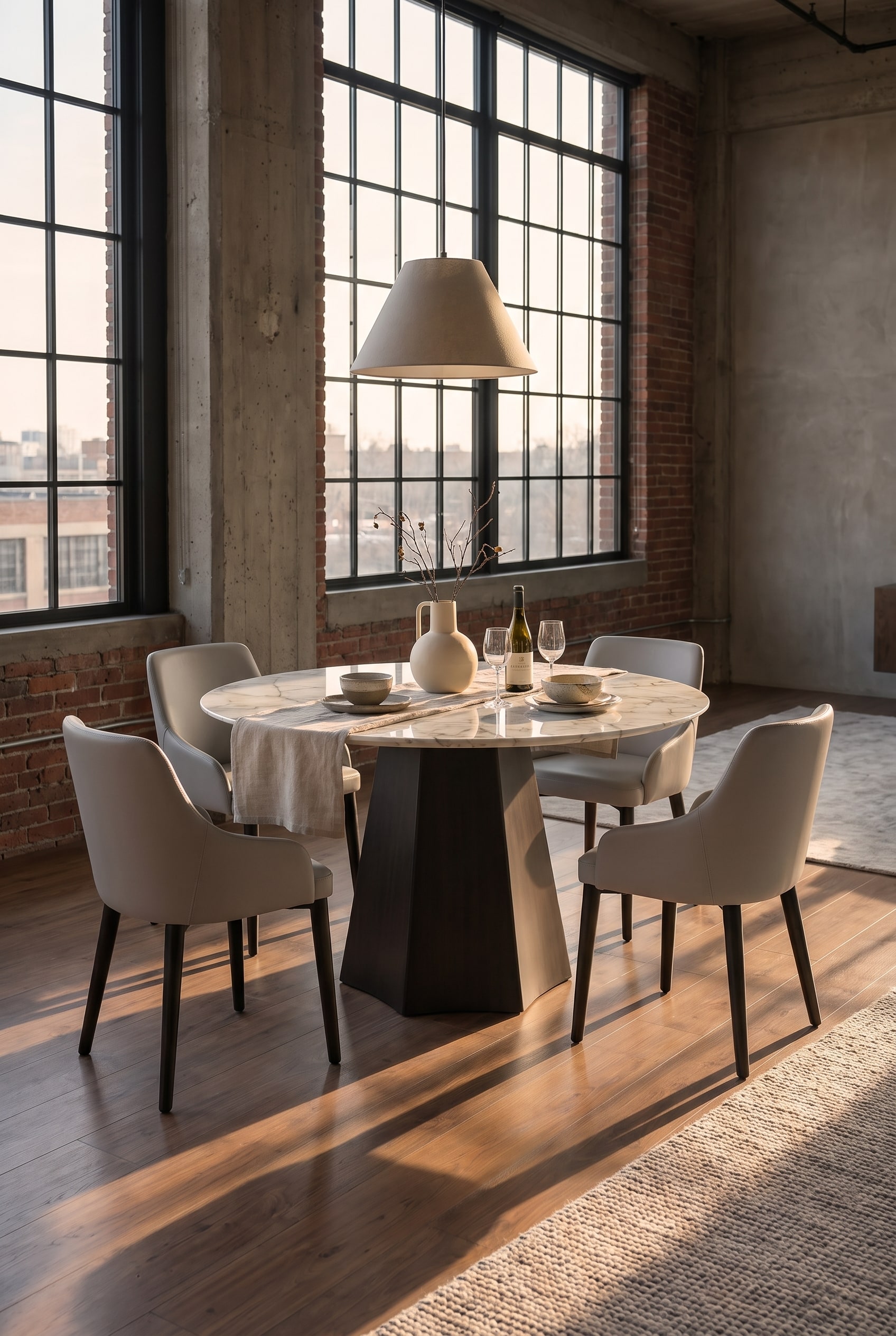 Coin repas dans un loft avec une table à manger au piètement facetté et plateau en céramique, entourée de chaises grises