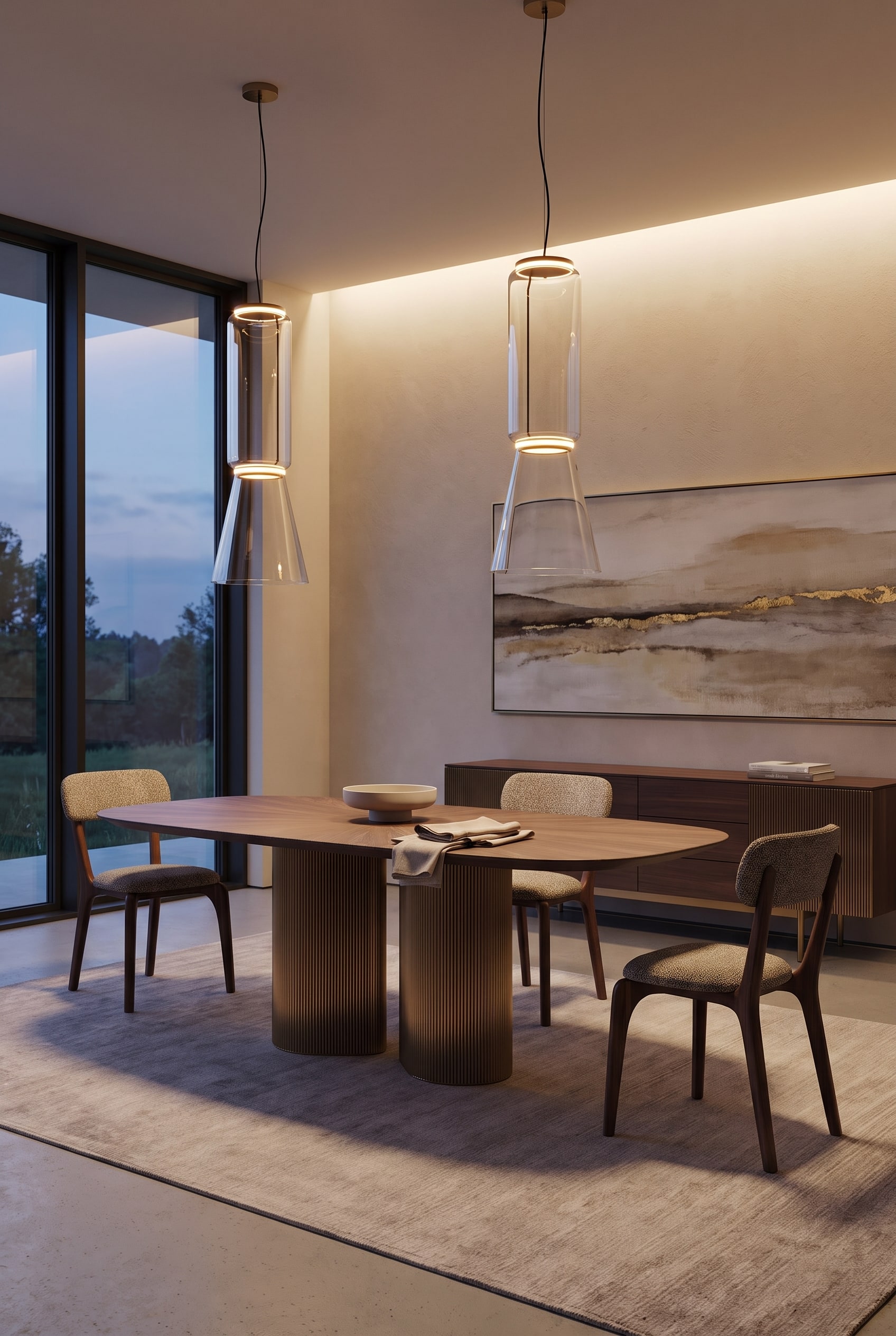 Salle &agrave; manger spacieuse avec table &agrave; manger rectangulaire en bois sur un socle m&eacute;tallique cannel&eacute; et un large tableau panoramique au mur