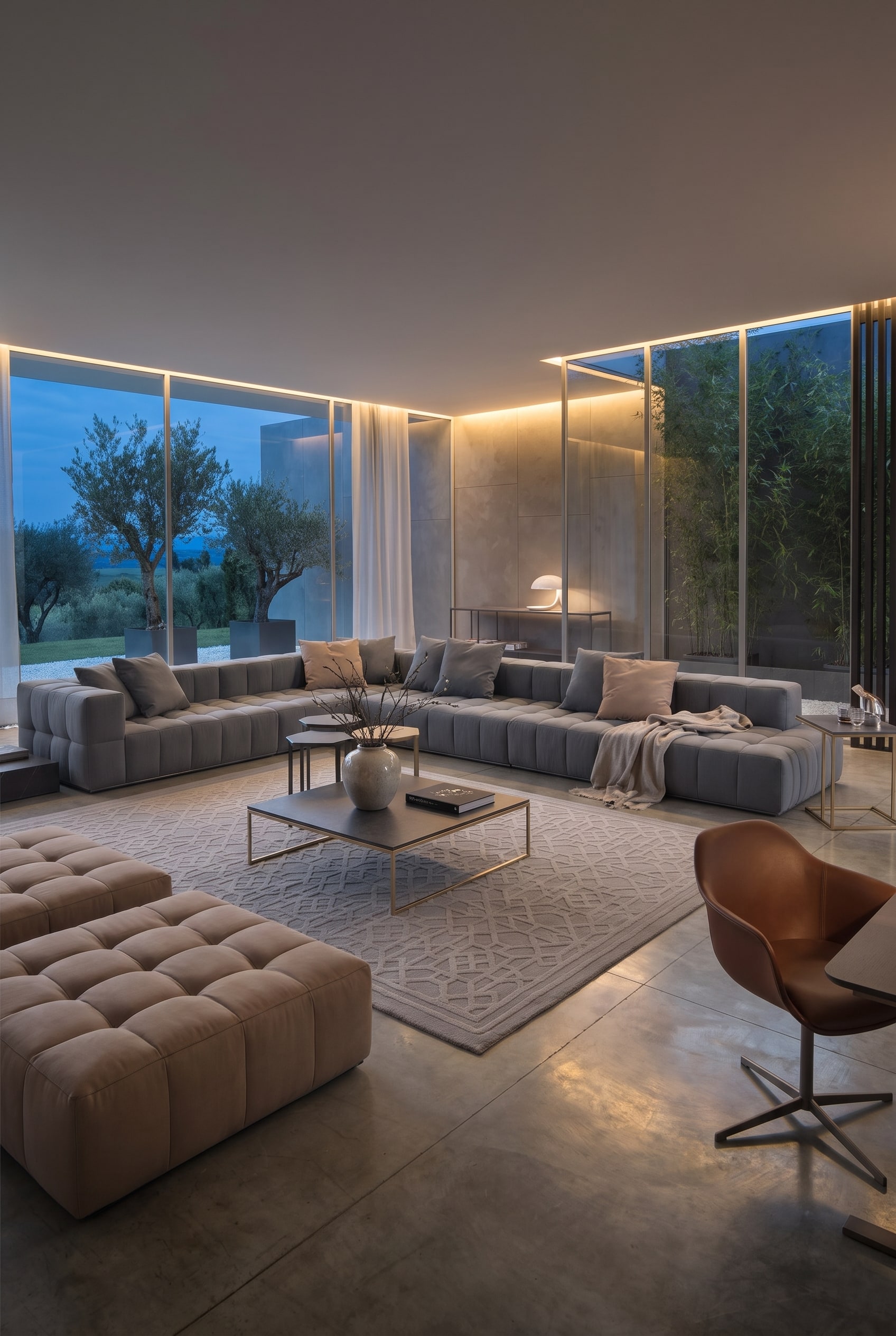 Salon moderne avec un grand canapé modulaire en tissu gris, placé en îlot de vie autoportant au centre de la pièce.