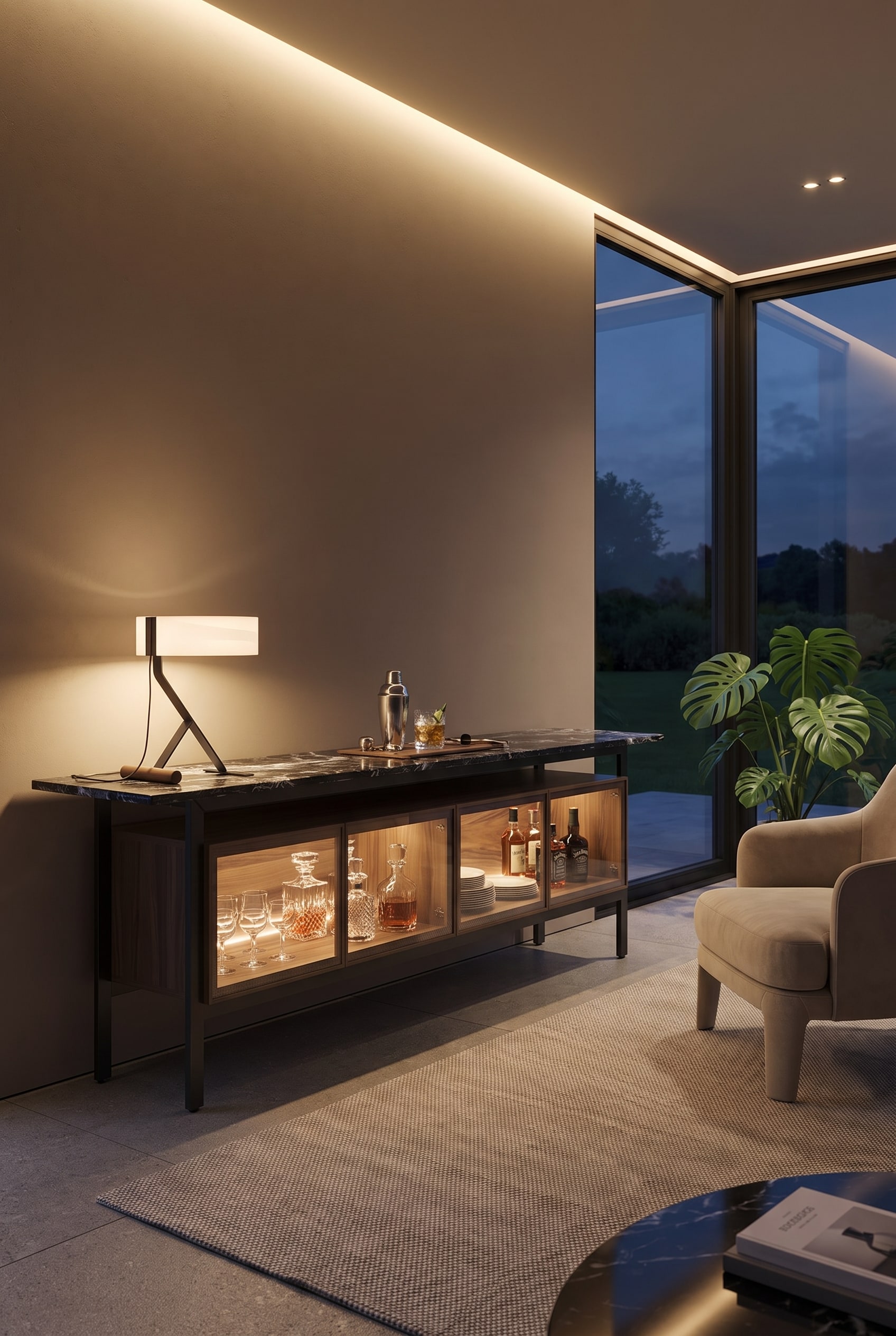 Coin lecture confortable avec console en marbre foncé, lampe de table sculpturale en métal et fauteuil beige