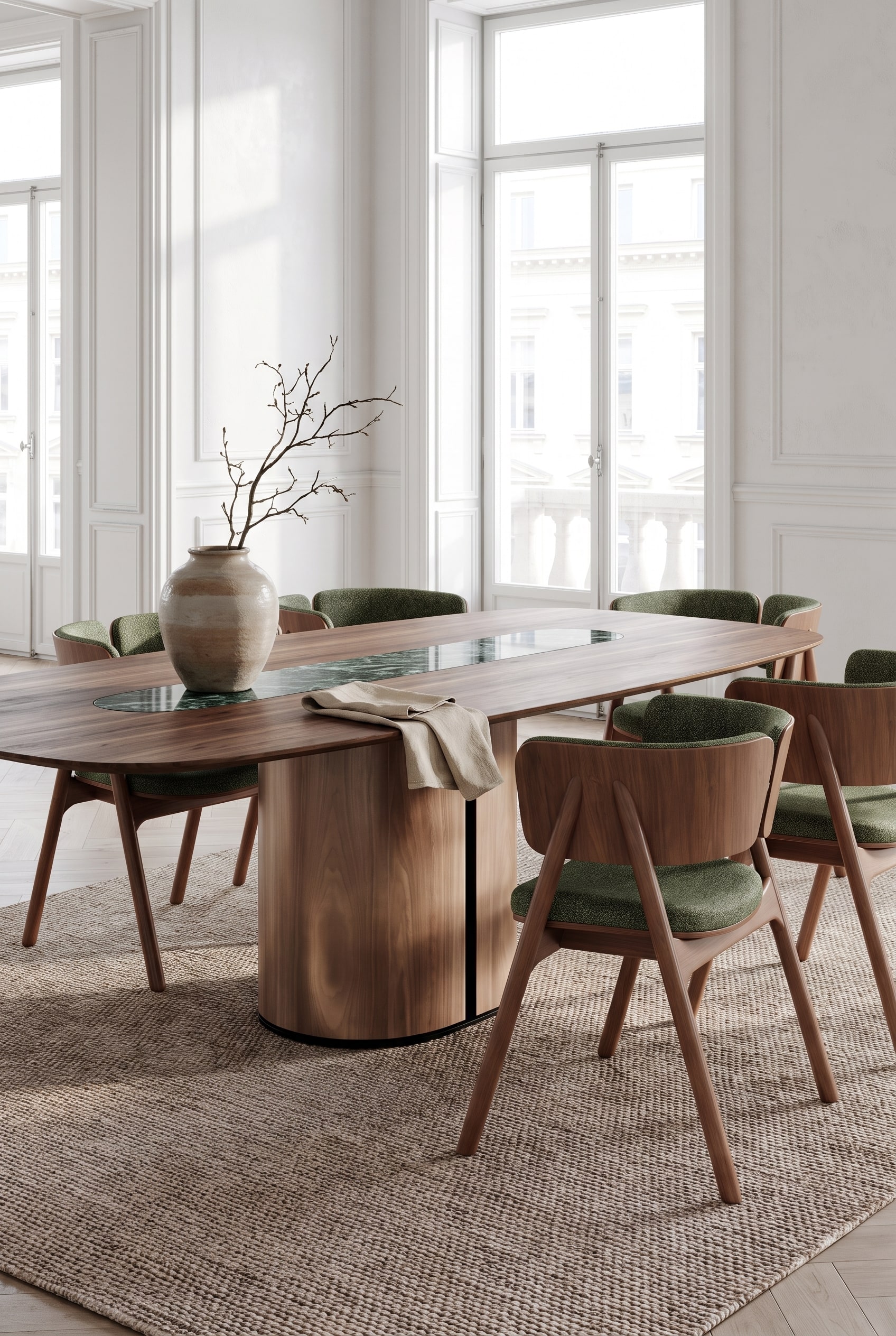 Salle à manger classique avec grande table en bois avec incrustation de marbre et chaises en bois rembourrées vertes