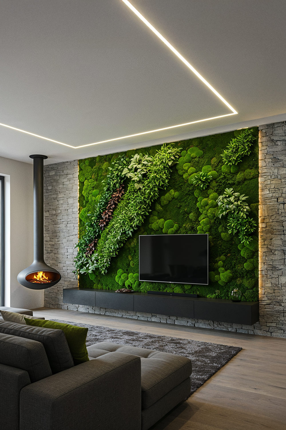 Woonkamer-met-openhaard-hangend-van-plafond-Mos-Wand-met-Box-Lowboard