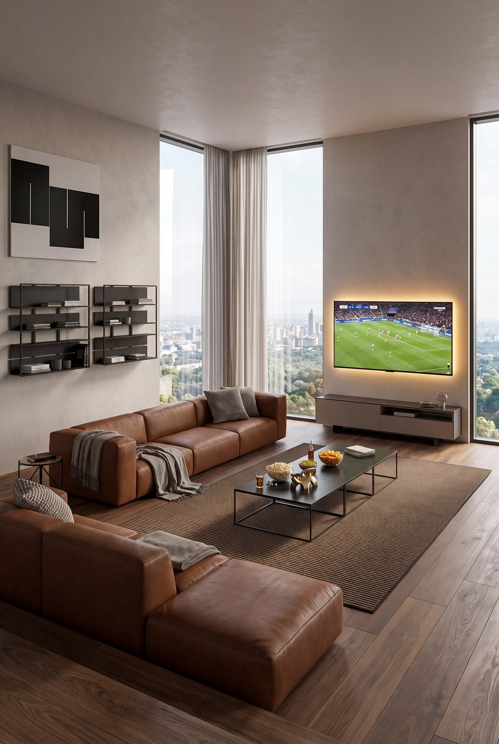 Grand canap&eacute; modulaire en cuir en forme de U, am&eacute;nag&eacute; comme un home cin&eacute;ma confortable dans un salon moderne.