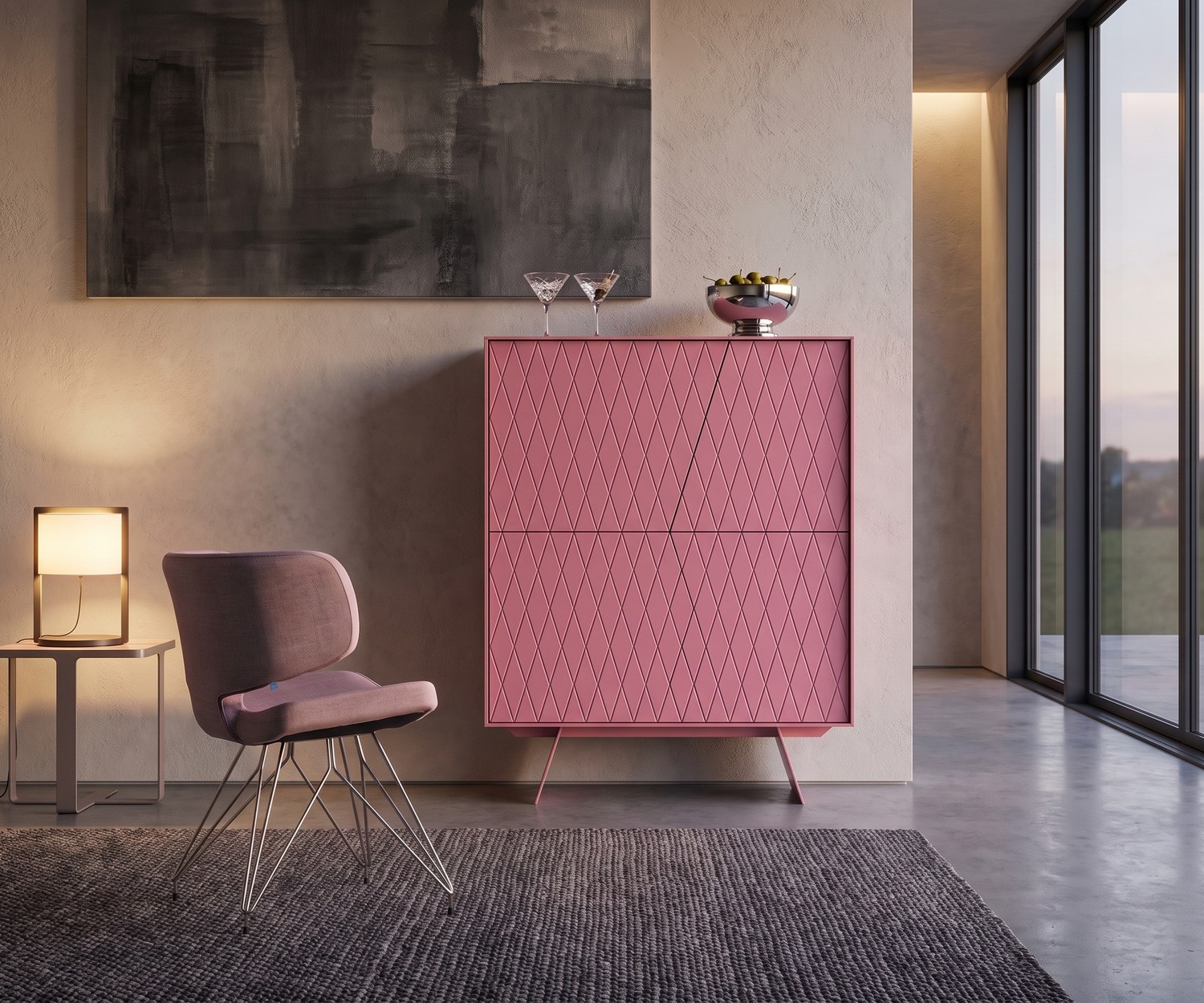 Roze highboard met ruitpatroon al2 e-klipse 009 al2 e-klipse 009 roze highboard met ruitpatroon in een moderne woonkamer naast een designstoel.