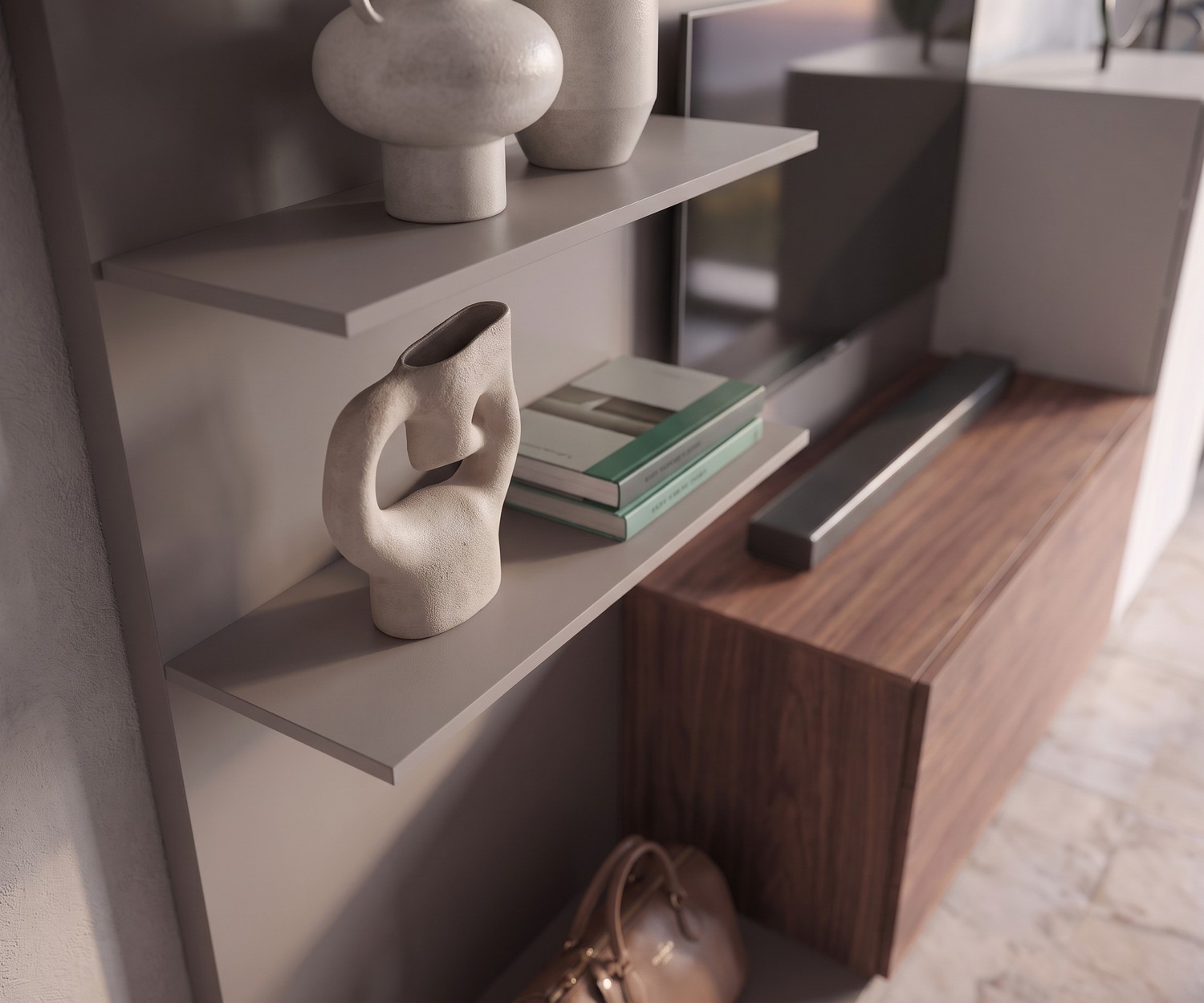 Étagère de vestiaire d'entrée Novamobili Easy 9 Étagère murale de vestiaire d'entrée Novamobili Easy 9 pour déco, style minimaliste en taupe et noyer.