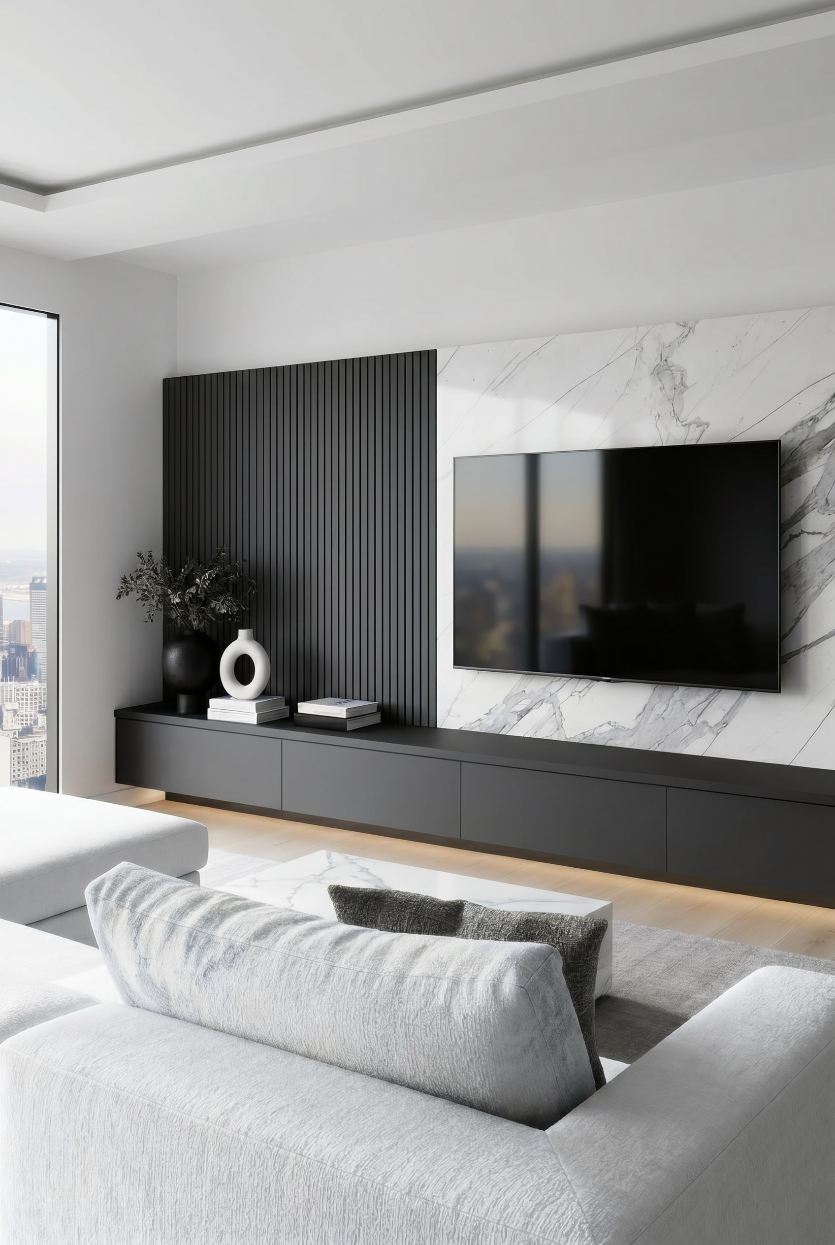 Visualisation 3D d'un meuble TV moderne sur mesure dans un salon spacieux avec des fen&ecirc;tres du sol au plafond