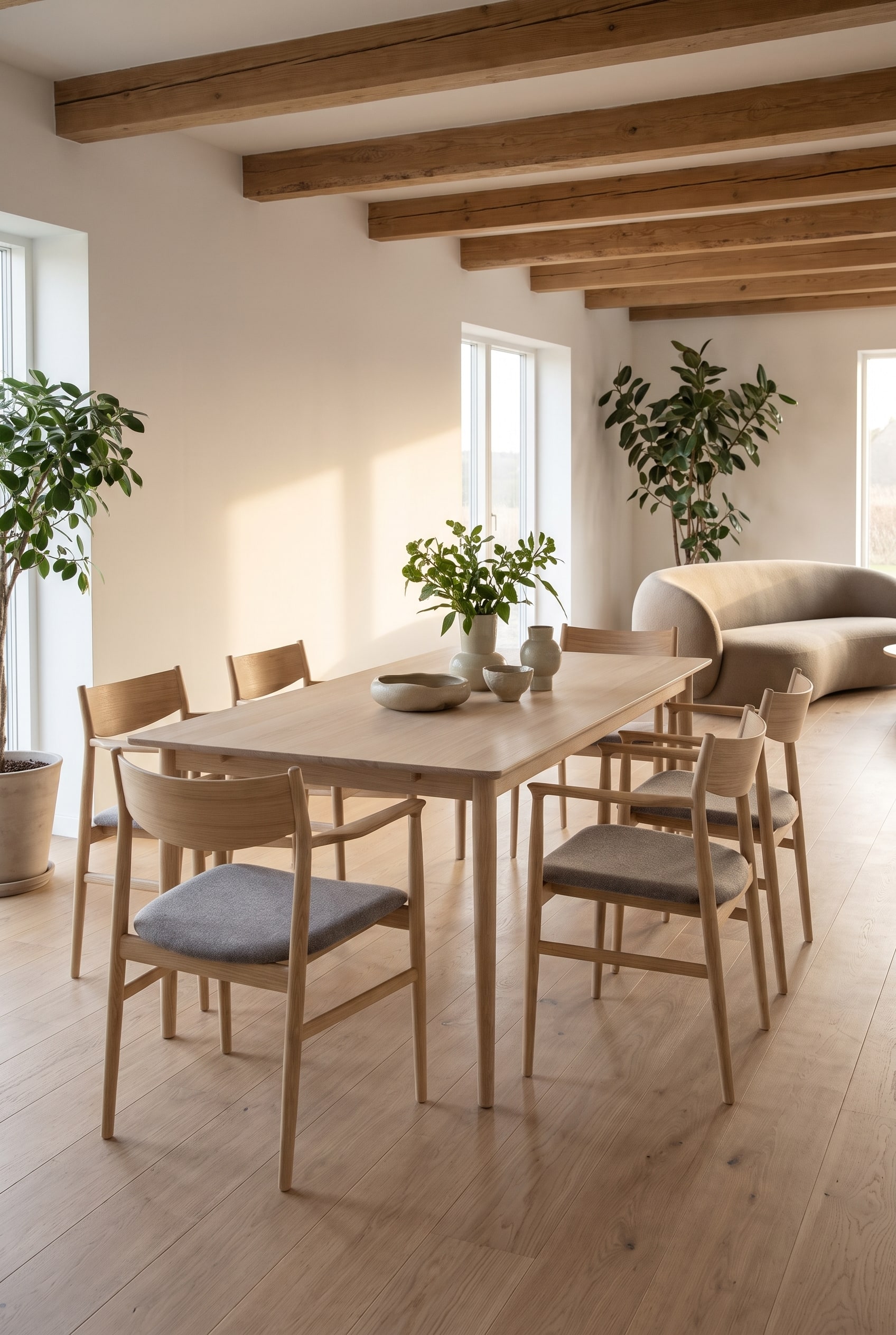 Salle à manger avec une chaise à accoudoirs en bois clair et un dossier aux courbes organiques