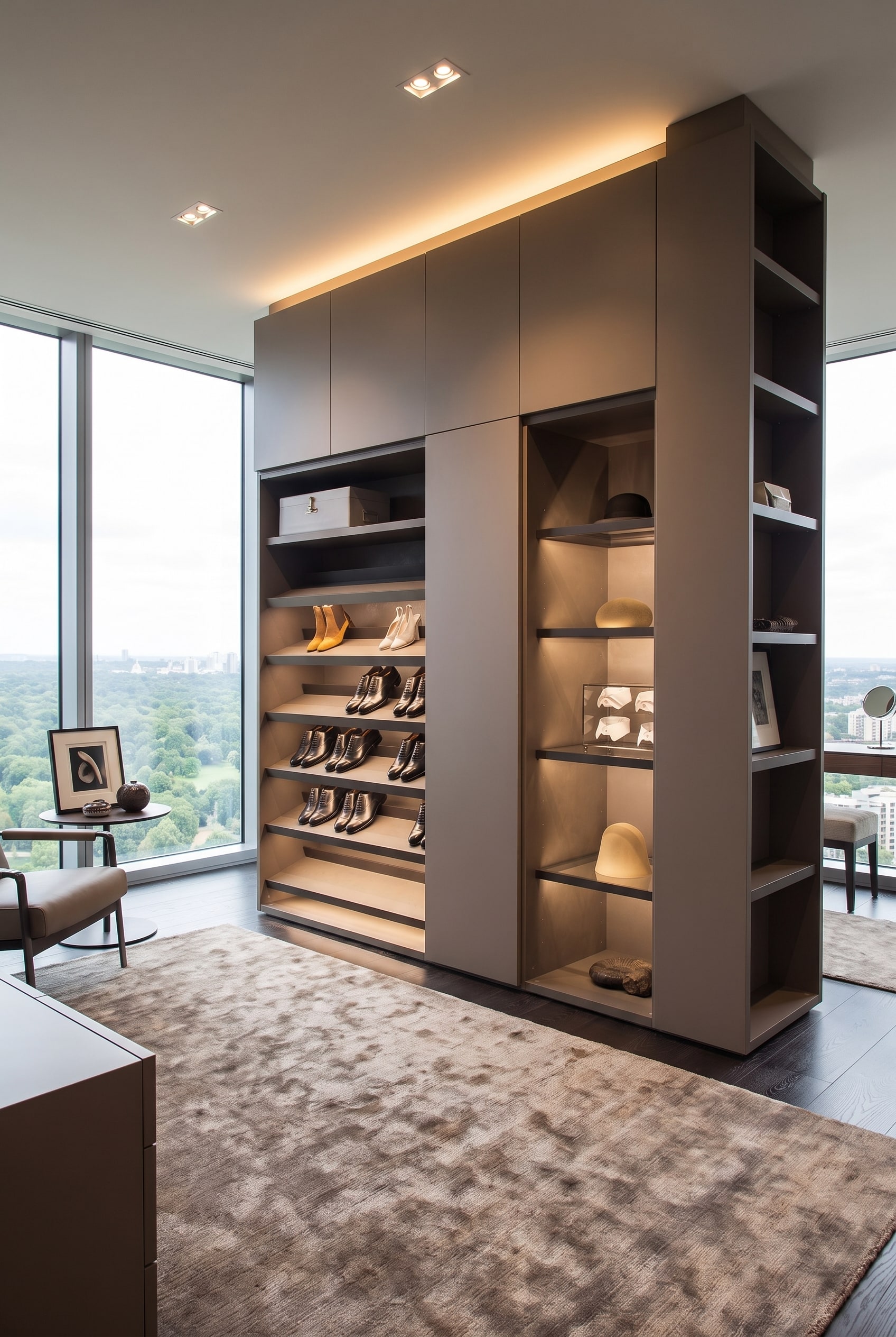 Vue dans un meuble à chaussures design Livitalia ouvert avec des étagères inclinées et des chaussures systématiquement rangées