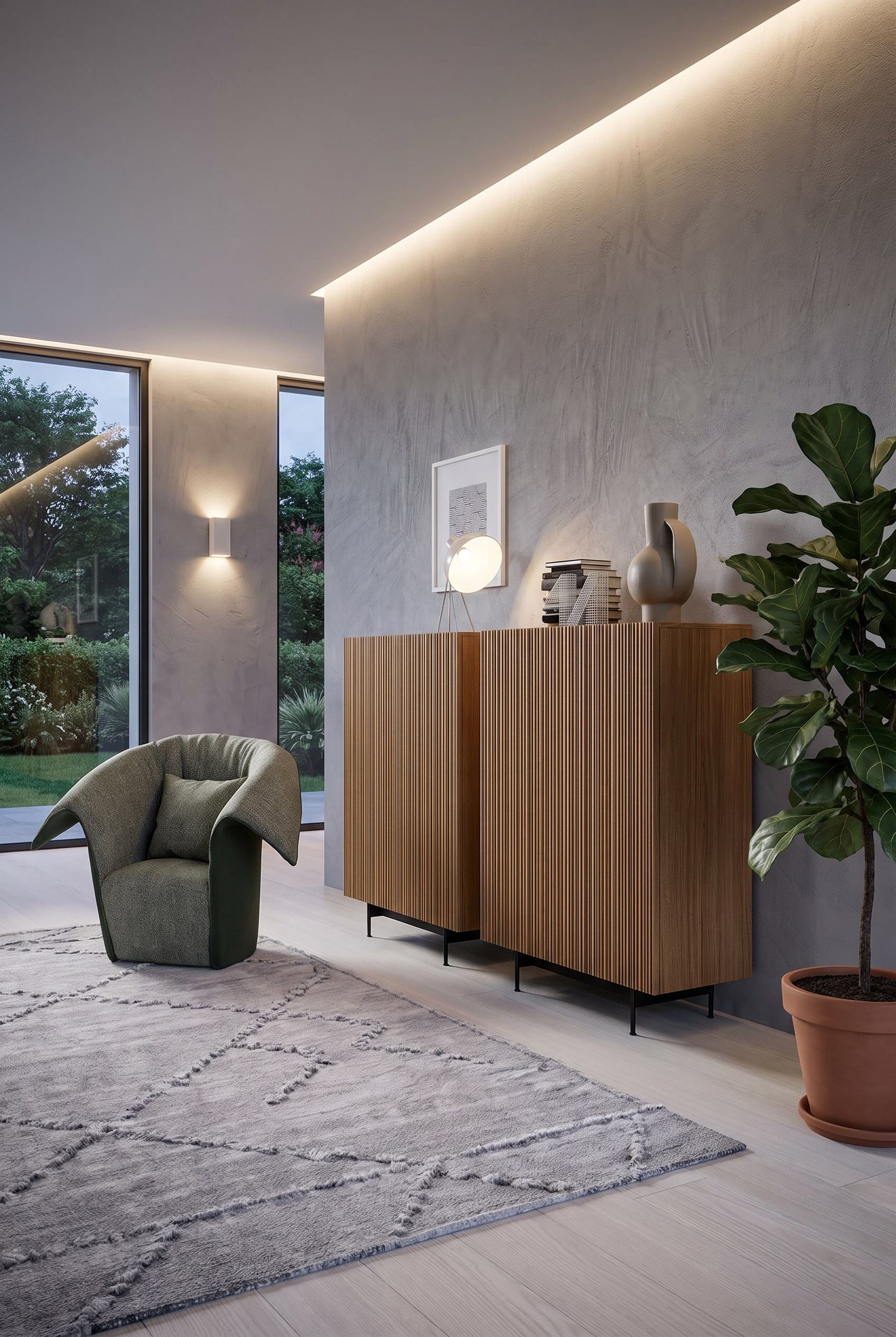 Grand highboard volumineux dans une entrée large, à côté d'une grande plante verte