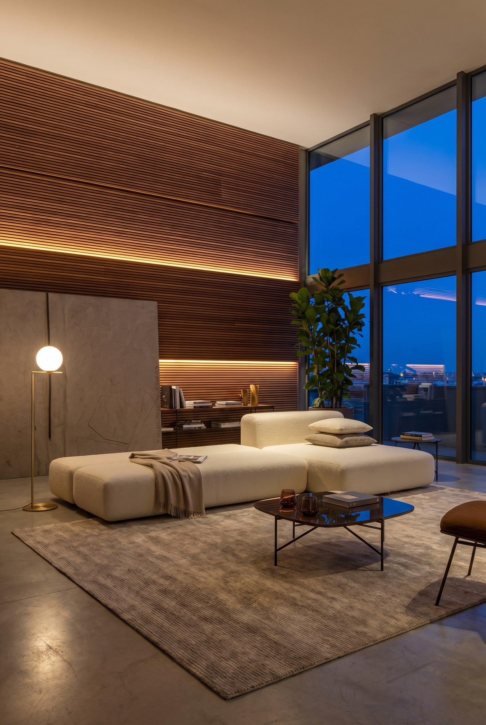Canap&eacute;-lit modulaire gris fonc&eacute; au look suite d'h&ocirc;tel, plac&eacute; devant un &eacute;l&eacute;gant mur chaleureux en lattes de bois