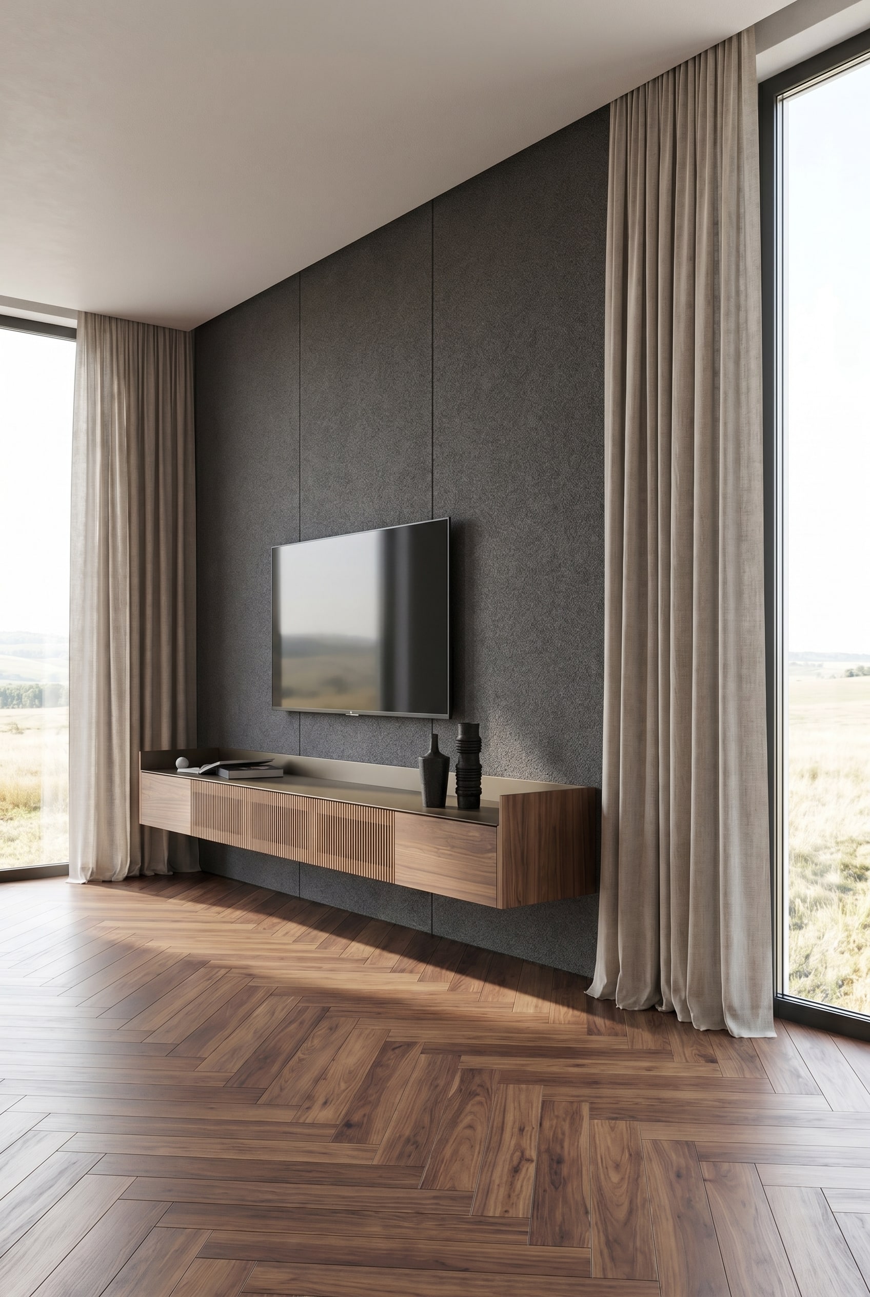 Meuble TV mural en noyer sous un téléviseur à écran plat dans un salon minimaliste avec des fenêtres du sol au plafond