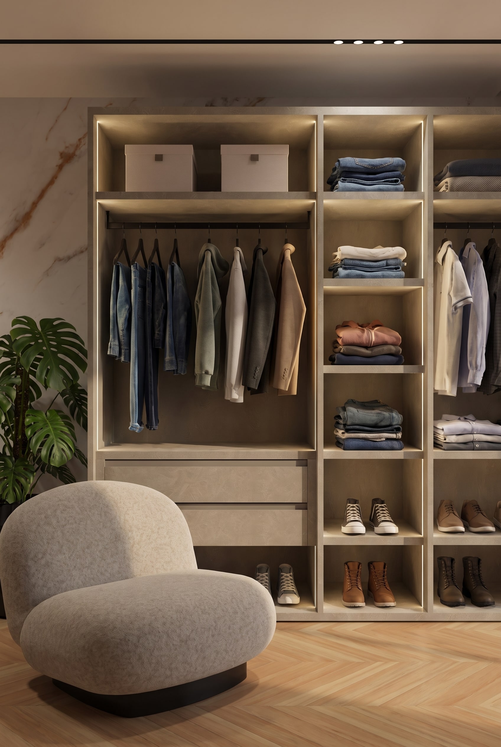 Système d'armoire ouverte dans une chambre d'adolescent avec des montants métalliques verticaux, des étagères en bois foncé et des vêtements strictement triés par couleur