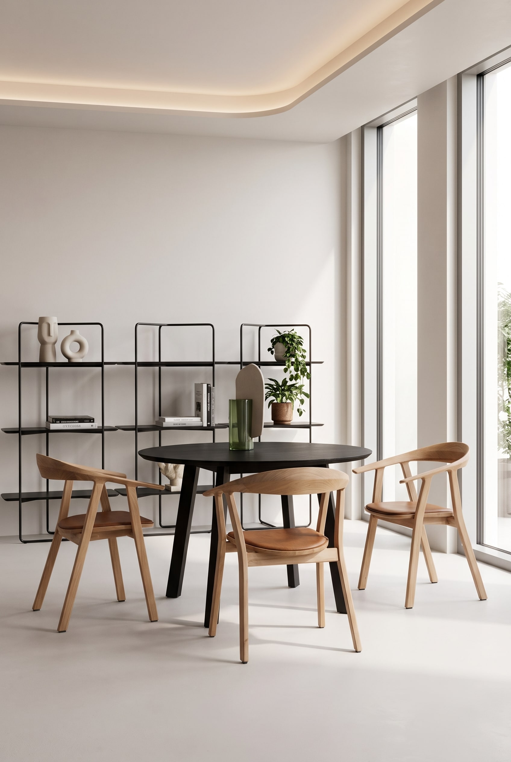 Weites Esszimmer mit rundem, schwarzem Holztisch und mehreren hellen Holzst&uuml;hlen mit runder R&uuml;ckenlehne drumherum.