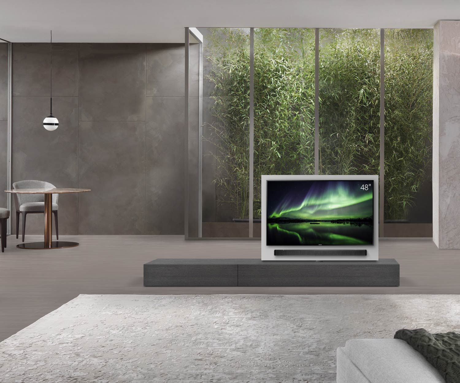 Livitalia Roto design lowboard ruimteverdeler met draaibaar TV-paneel B150 50 H25 D47 EiGr B90li oBox