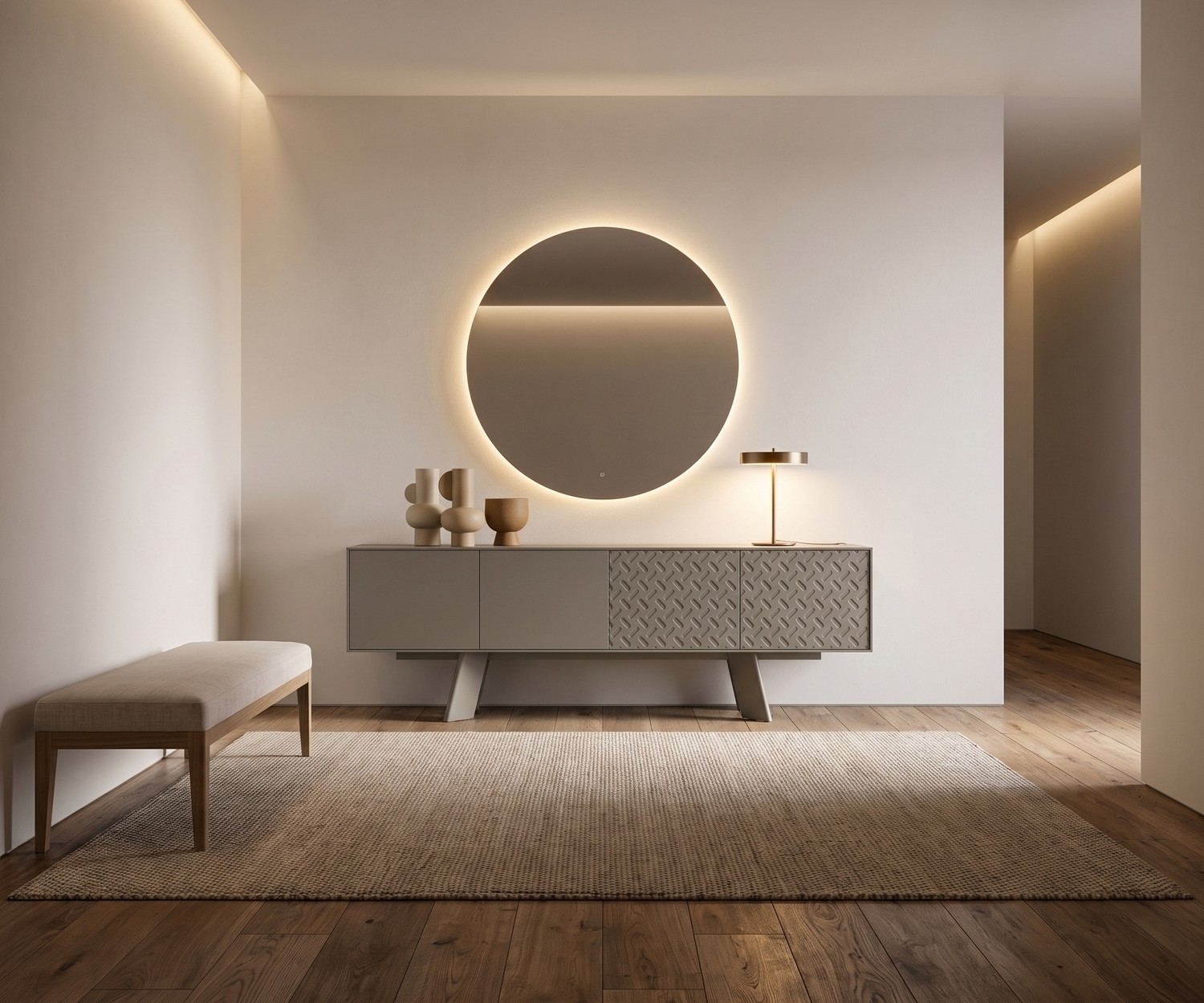 Buffet design gris Alhambra 003 par al2 Buffet Alhambra 003 par al2 pour le salon ou l'entrée. Commode grise minimaliste avec portes texturées effet métal.