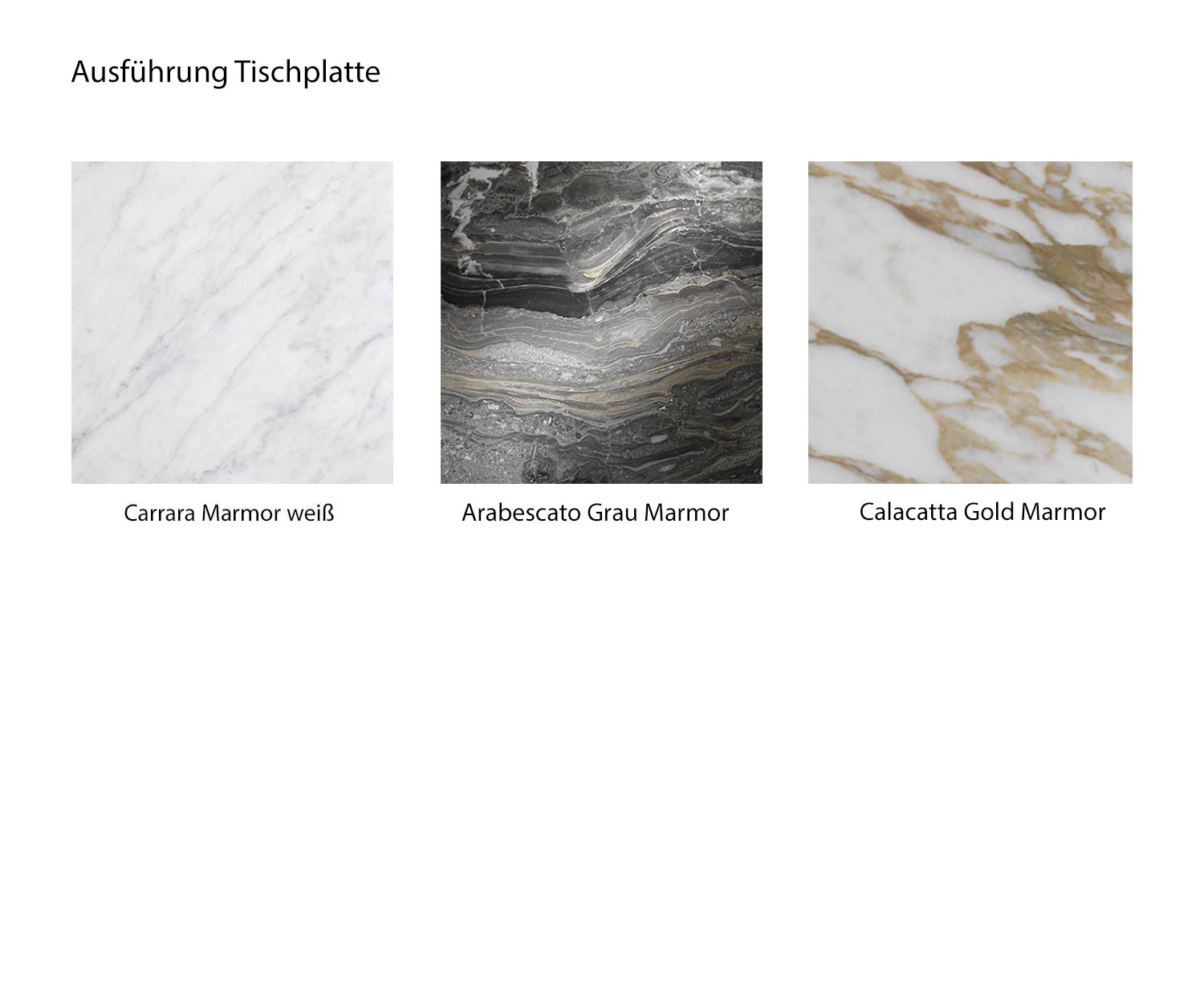 Kleurenoverzicht Couch Table Wave marmersoorten Carrara Calacatta Arabescato