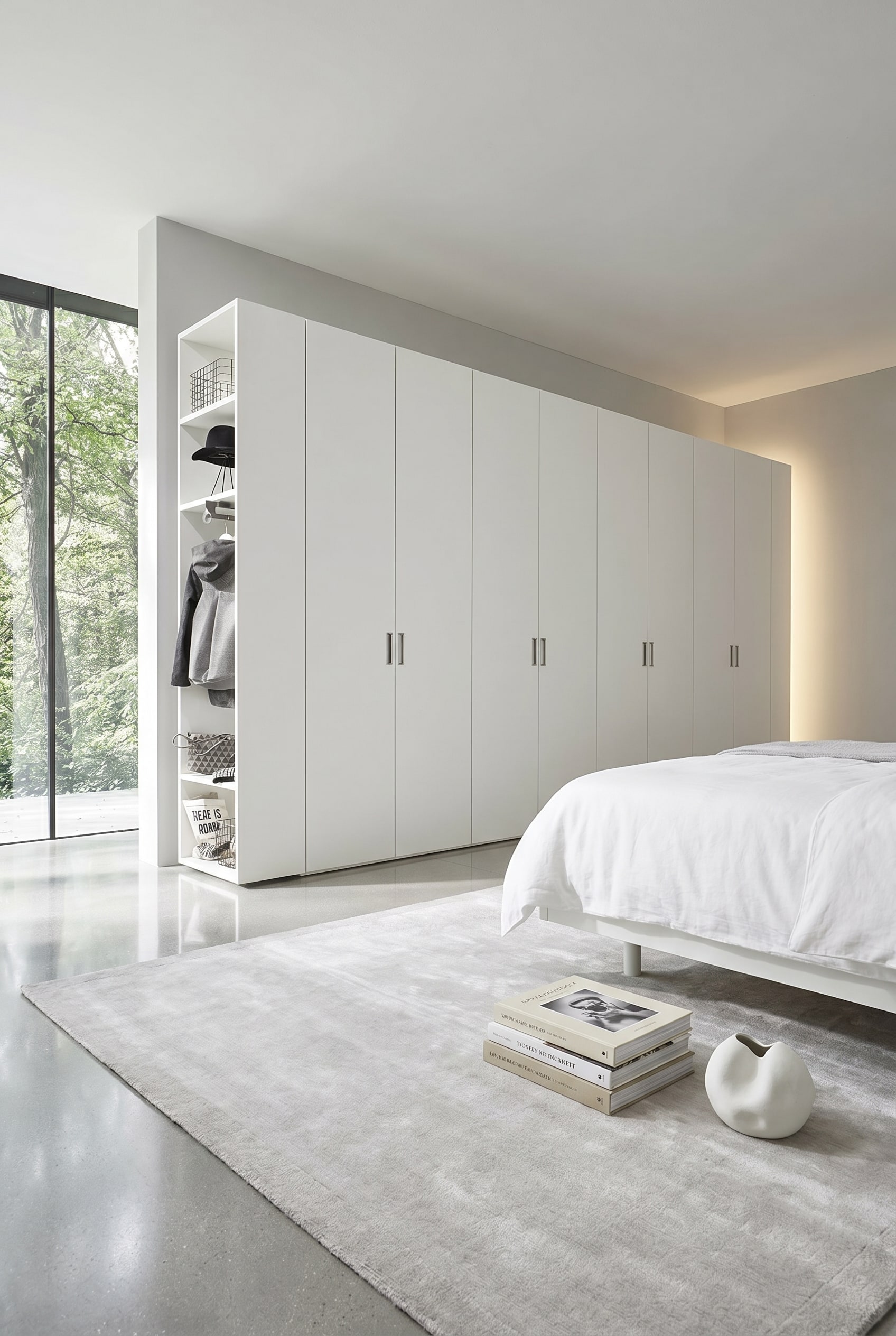 Chambre rangée avec une armoire lisse blanche à portes battantes, un éclairage mural indirect et un livre d'art empilé sur le sol