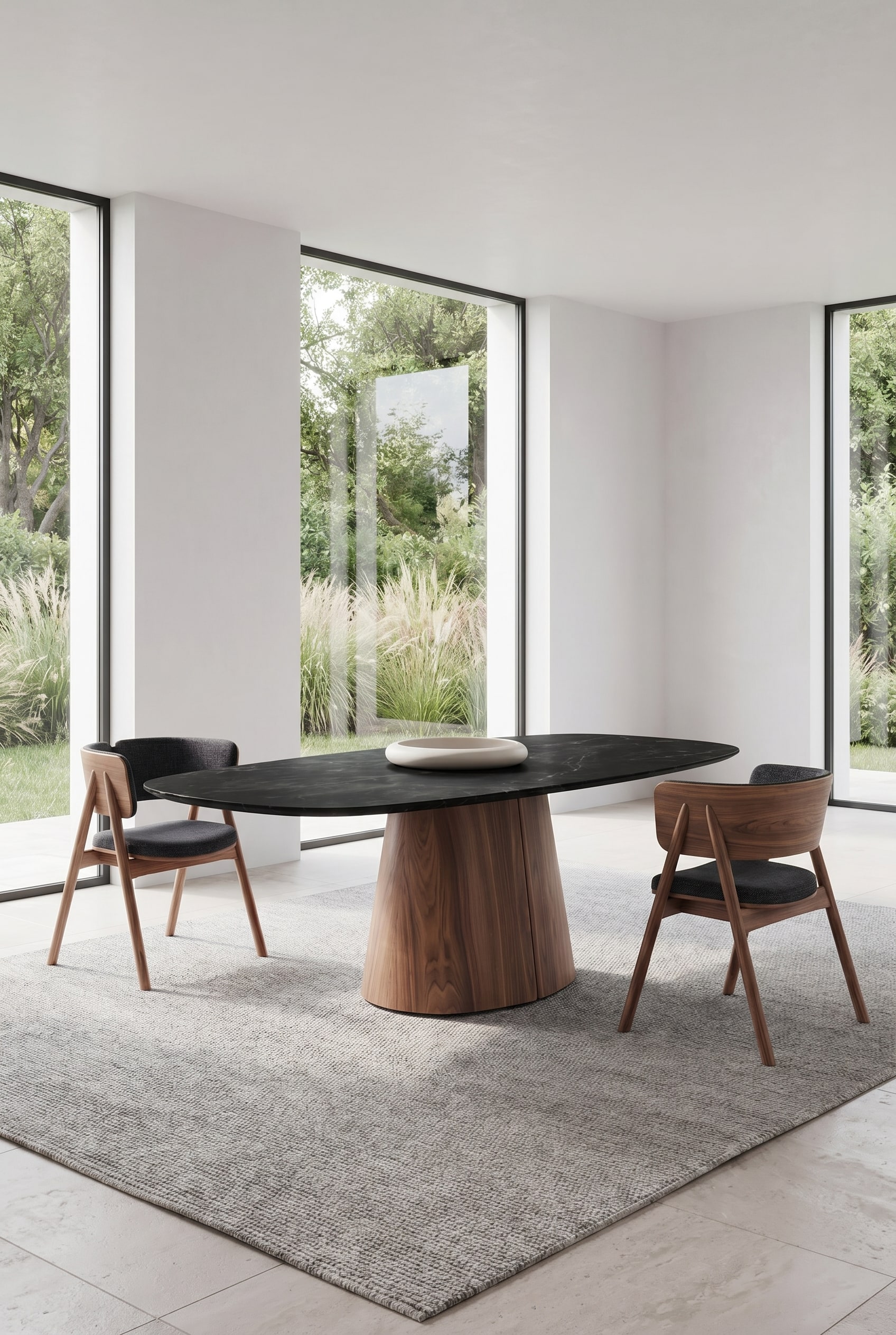 Salle &agrave; manger moderne avec table en bois de forme organique, bol en c&eacute;ramique ovale plat et chaises anthracite
