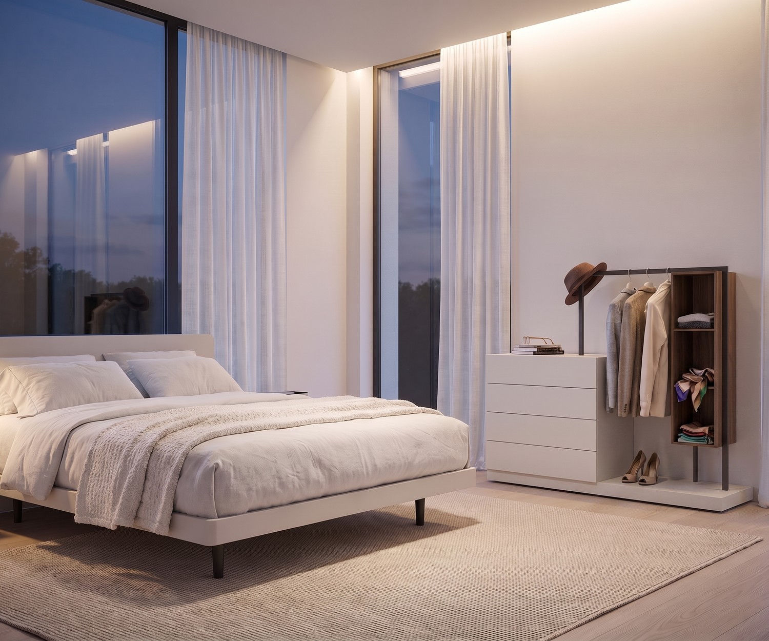 Commode avec penderie Novamobili Easy 4 dans une chambre. Commode blanche, tringle à vêtements et étagère en bois moderne.