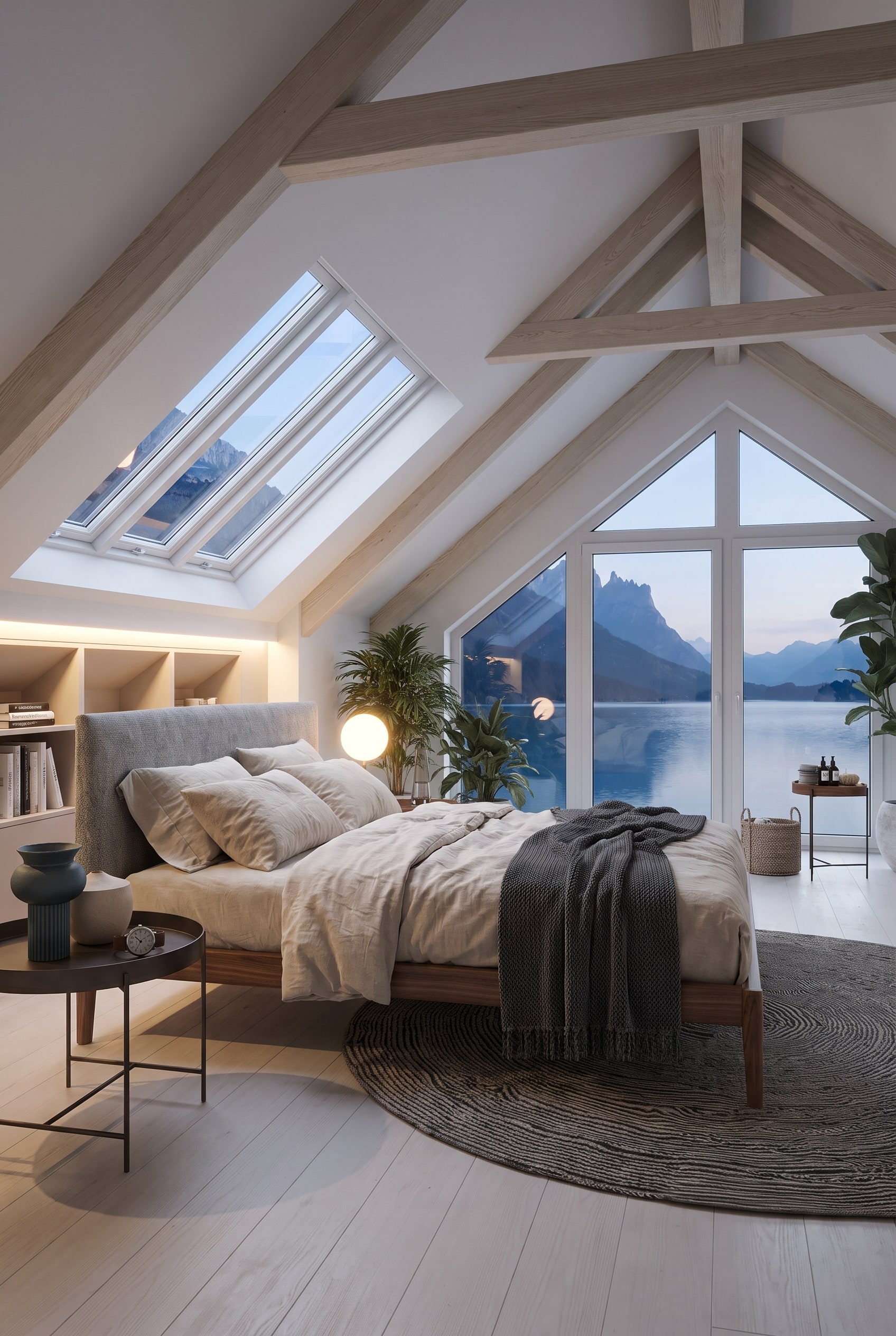 Lit &eacute;l&eacute;gant avec cadre en bois et t&ecirc;te de lit rembourr&eacute;e grise dans une chambre lumineuse sous les combles