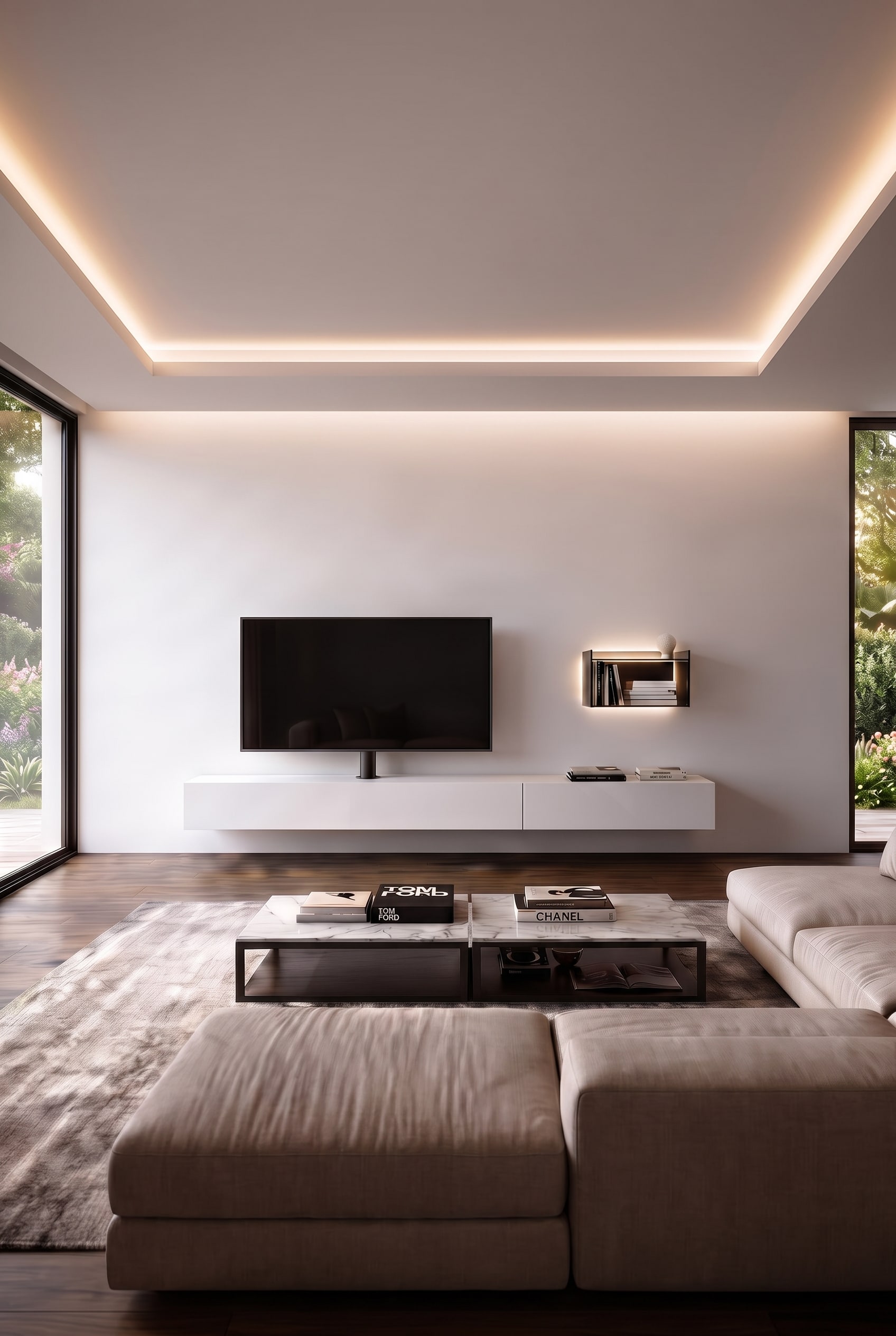 Lowboard blanc minimaliste avec une colonne de support TV noire intégrée, téléviseur monté, entièrement sans fil, devant un mur blanc lisse.