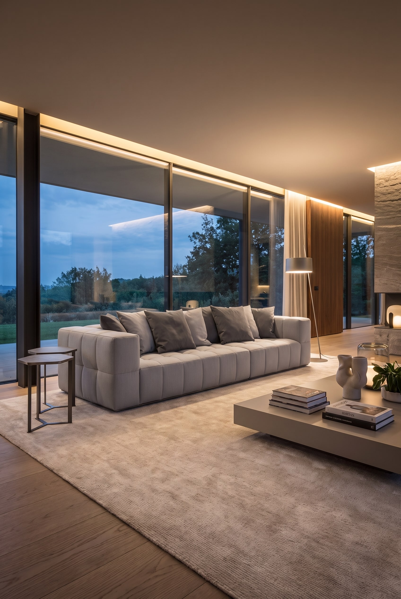 Salon luxueux avec un grand canap&eacute; modulaire gris sur un tapis clair de grand format