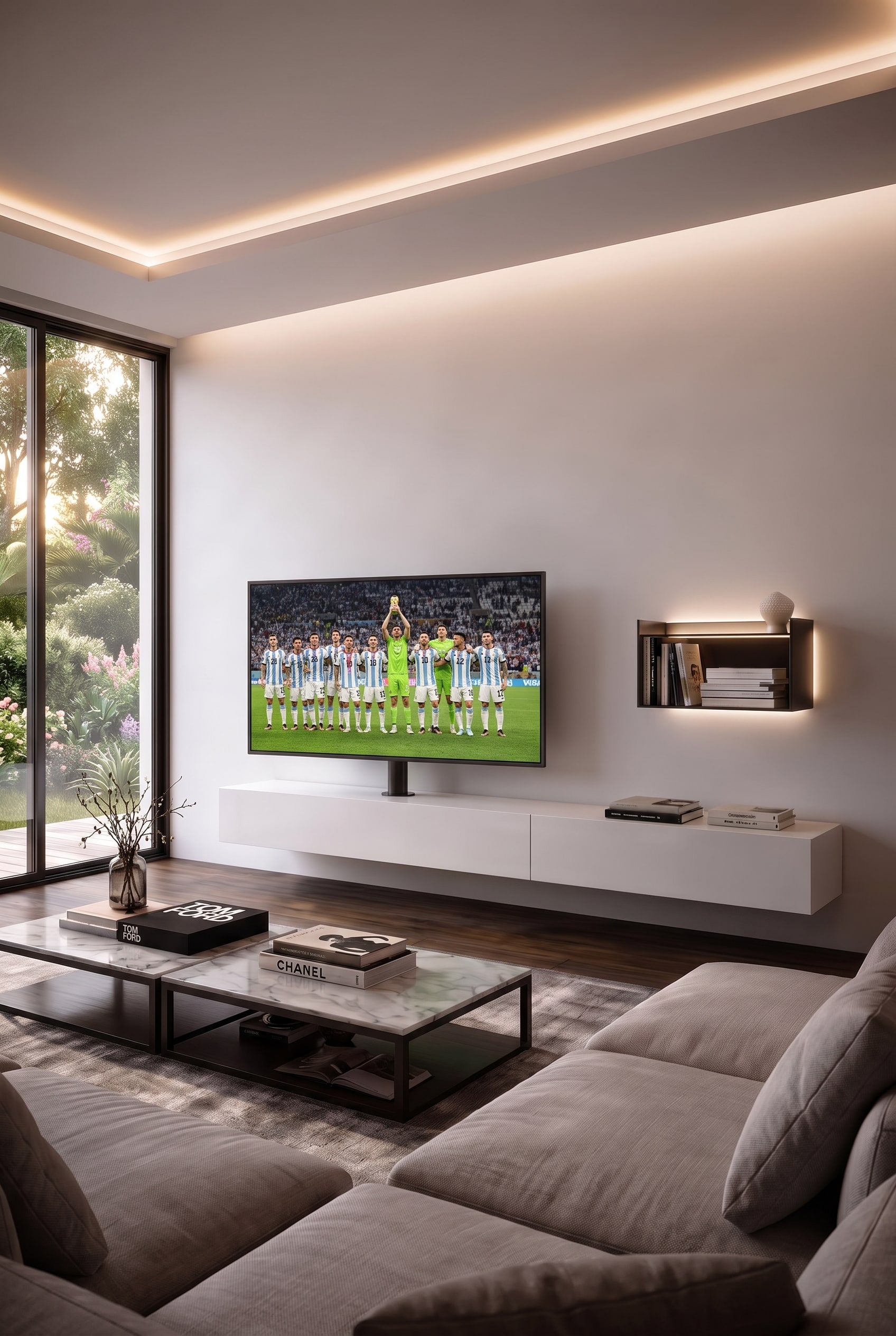 Salon moderne avec meuble TV bas blanc, support TV flottant et pivotant, et canapé rembourré gris devant de grandes fenêtres
