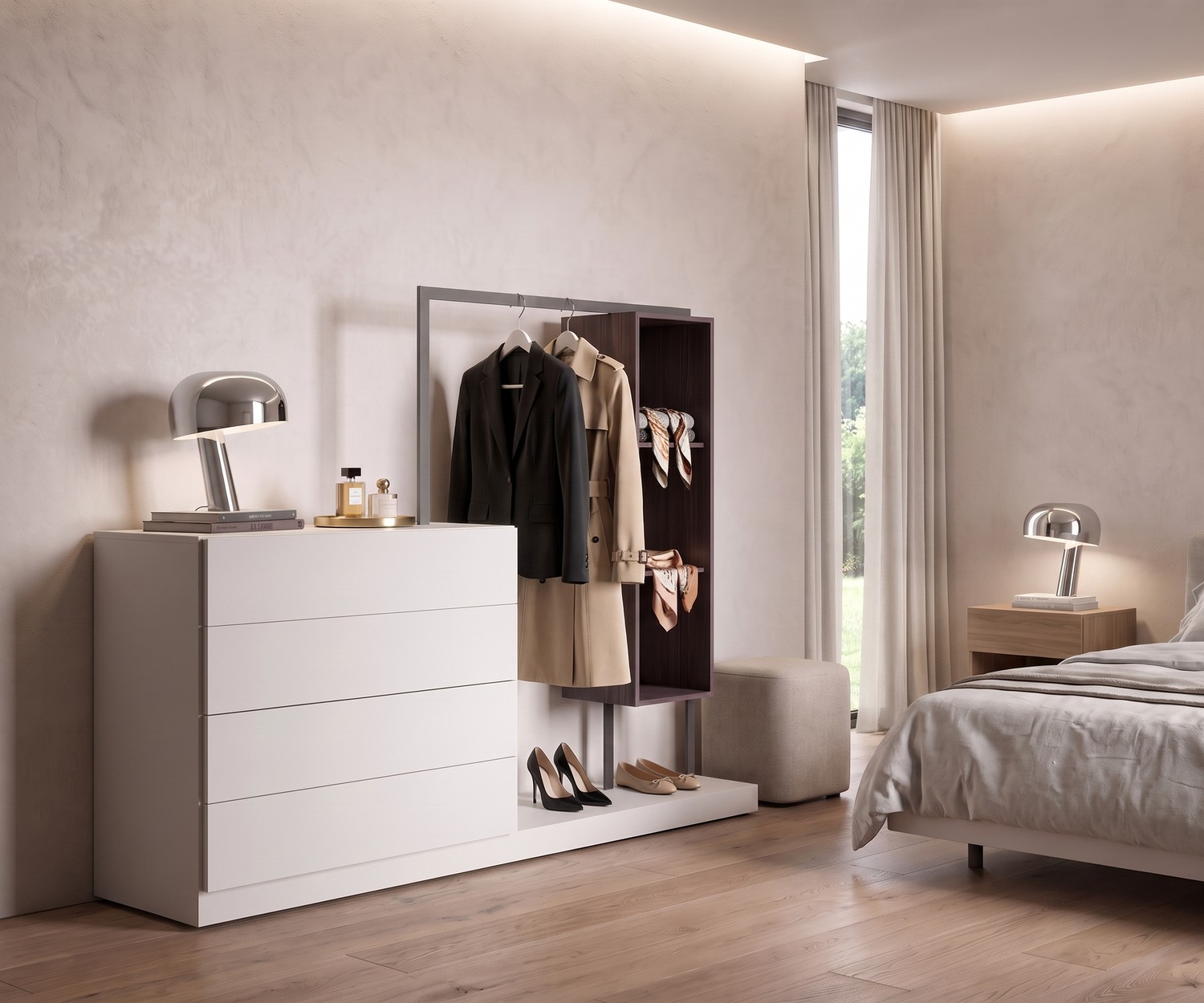 Commode de chambre avec garde-robe Easy 4 de Novamobili. Design moderne blanc avec tringle à vêtements et étagère.