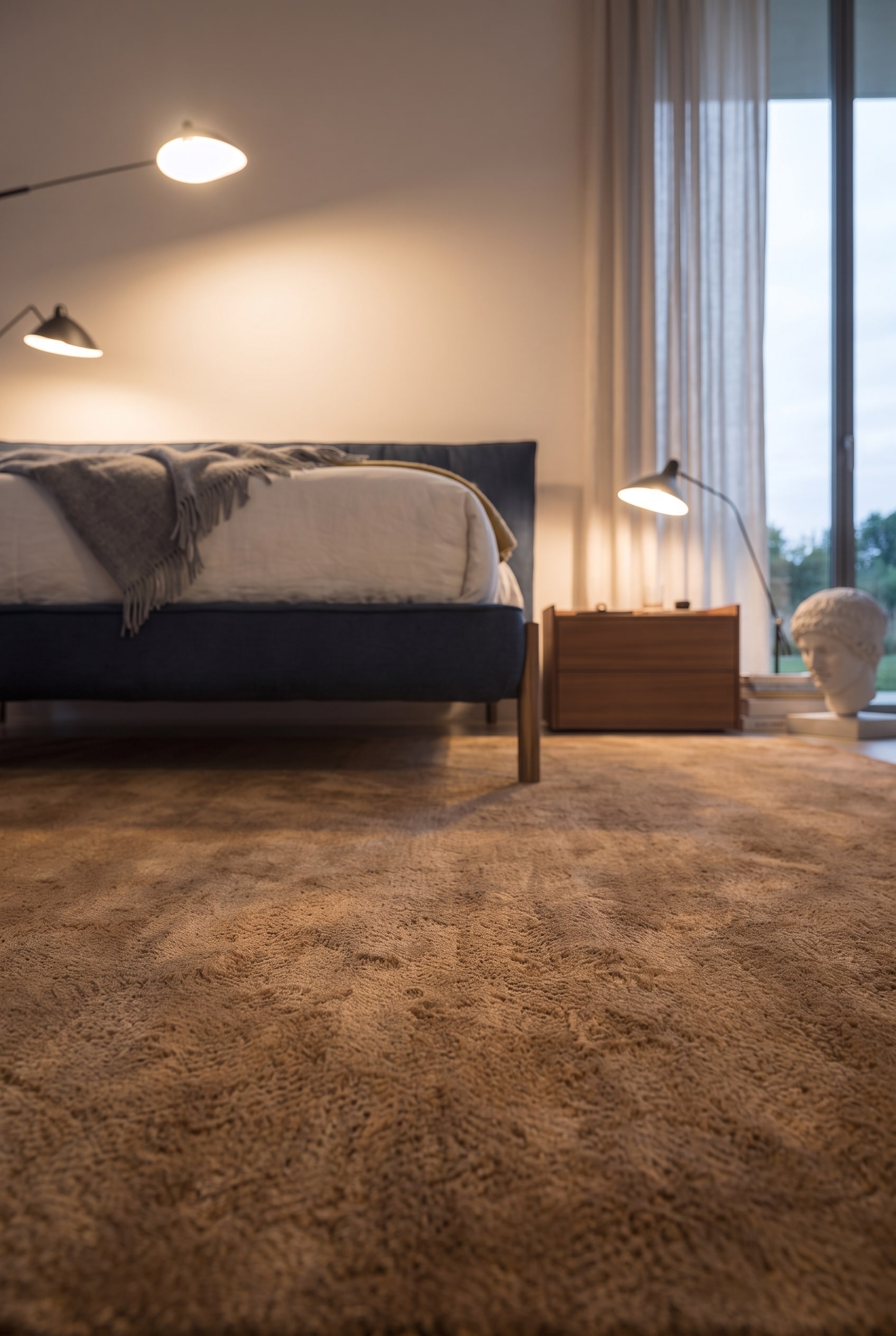 Gros plan de la texture douce du tapis &agrave; c&ocirc;t&eacute; du bord en tissu bleu fonc&eacute; d'un lit rembourr&eacute; moderne dans la chambre.