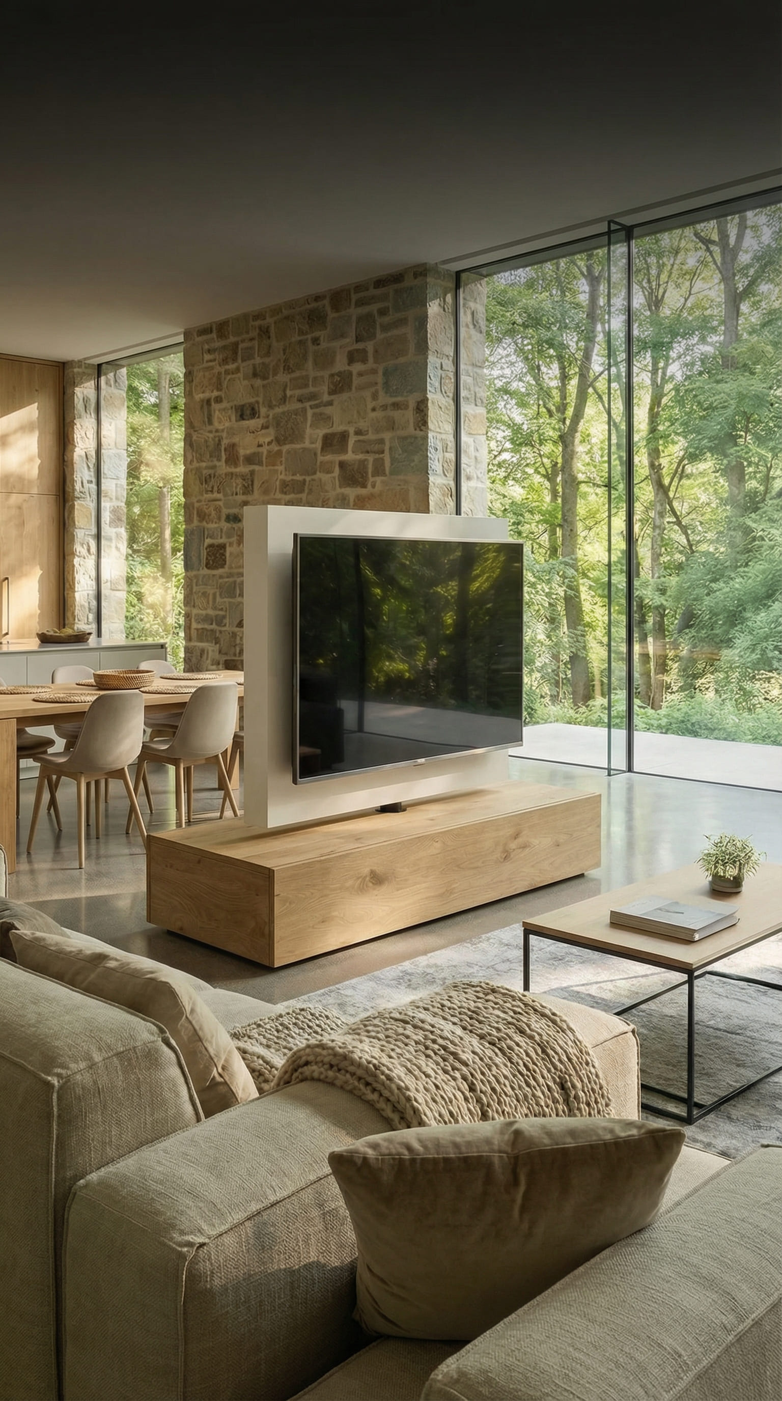 Vrijstaande Roto TV roomdivider draaibaar in open loft met uitzicht op het groen Vrijstaande Roto TV roomdivider draaibaar in open loft met uitzicht op het groen
