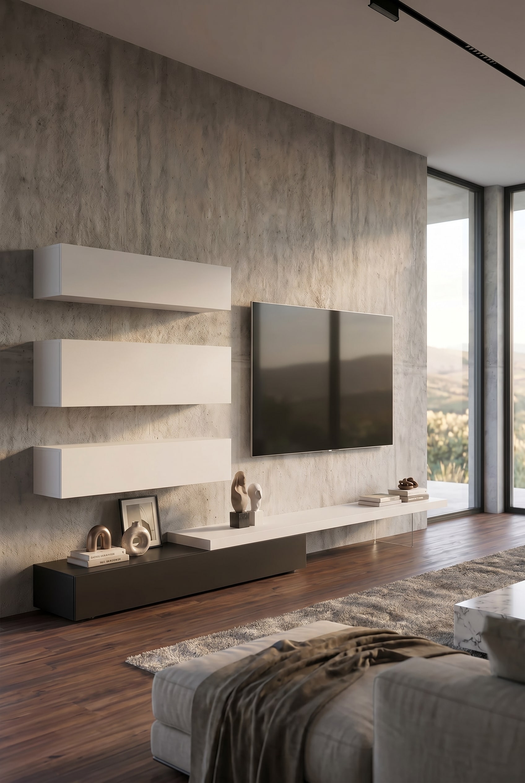 Mur TV minimaliste avec éléments suspendus blancs, meuble TV bas noir et mur en béton brut en arrière-plan