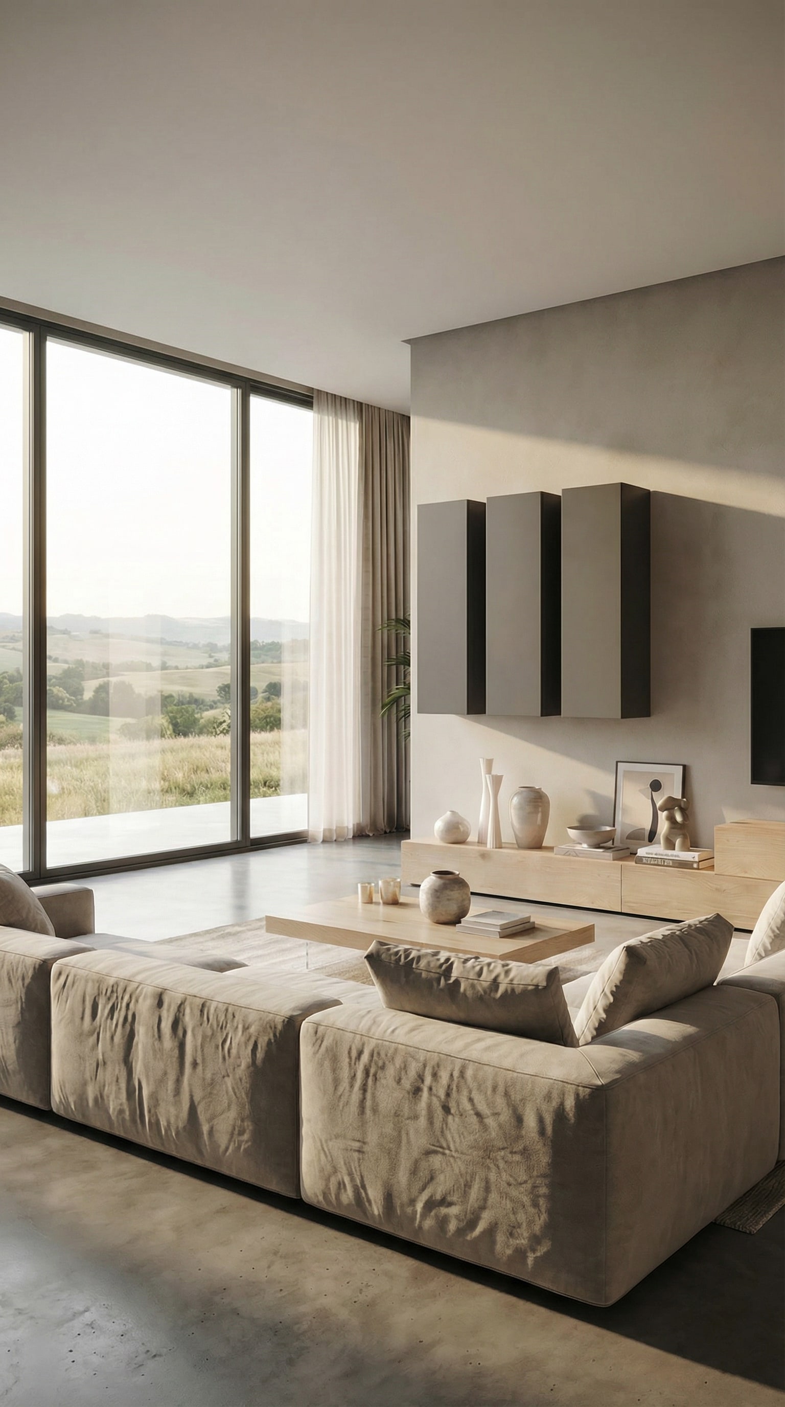 Moderne landelijke woonwand met donkere matte fronten en houten accenten in de woonkamer Moderne landelijke woonwand met donkere matte fronten en houten accenten in de woonkamer