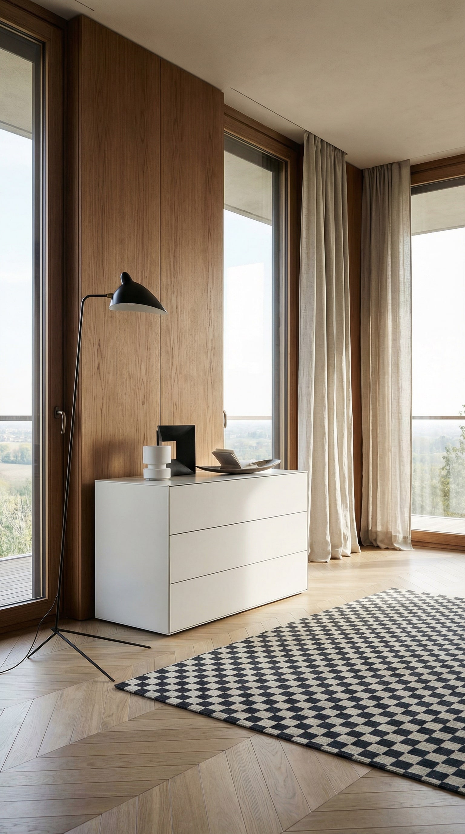 Nahaufnahme einer geöffneten Schublade einer Design-Kommode, die die feine 45-Grad-Gehrung und die Verjüngung der Frontkante auf 4 Millimeter zeigt. Nahaufnahme einer geöffneten Schublade einer Design-Kommode, die die feine 45-Grad-Gehrung und die Verjüngung der Frontkante auf 4 Millimeter zeigt.